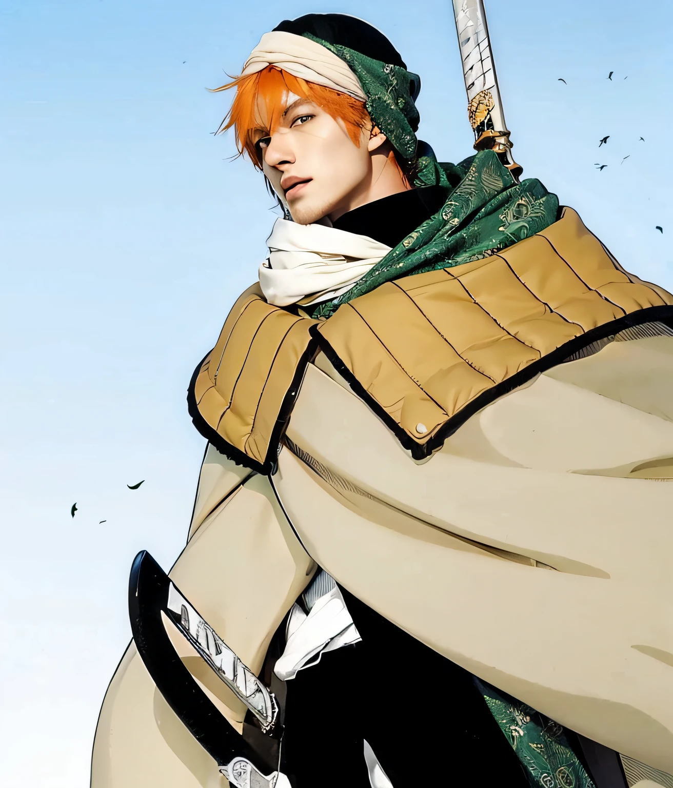 a handsome male anime character with orange hair and a sword and a cape wearing a green turban on his head, close-up!!!!!, full body close-up shot, high quality, [:intricate details:1.0], realistic:1.3, ultra realistic, real life, live action, photo realistic, 4K, high resolution, photo-realistic:1.3, brown eyes