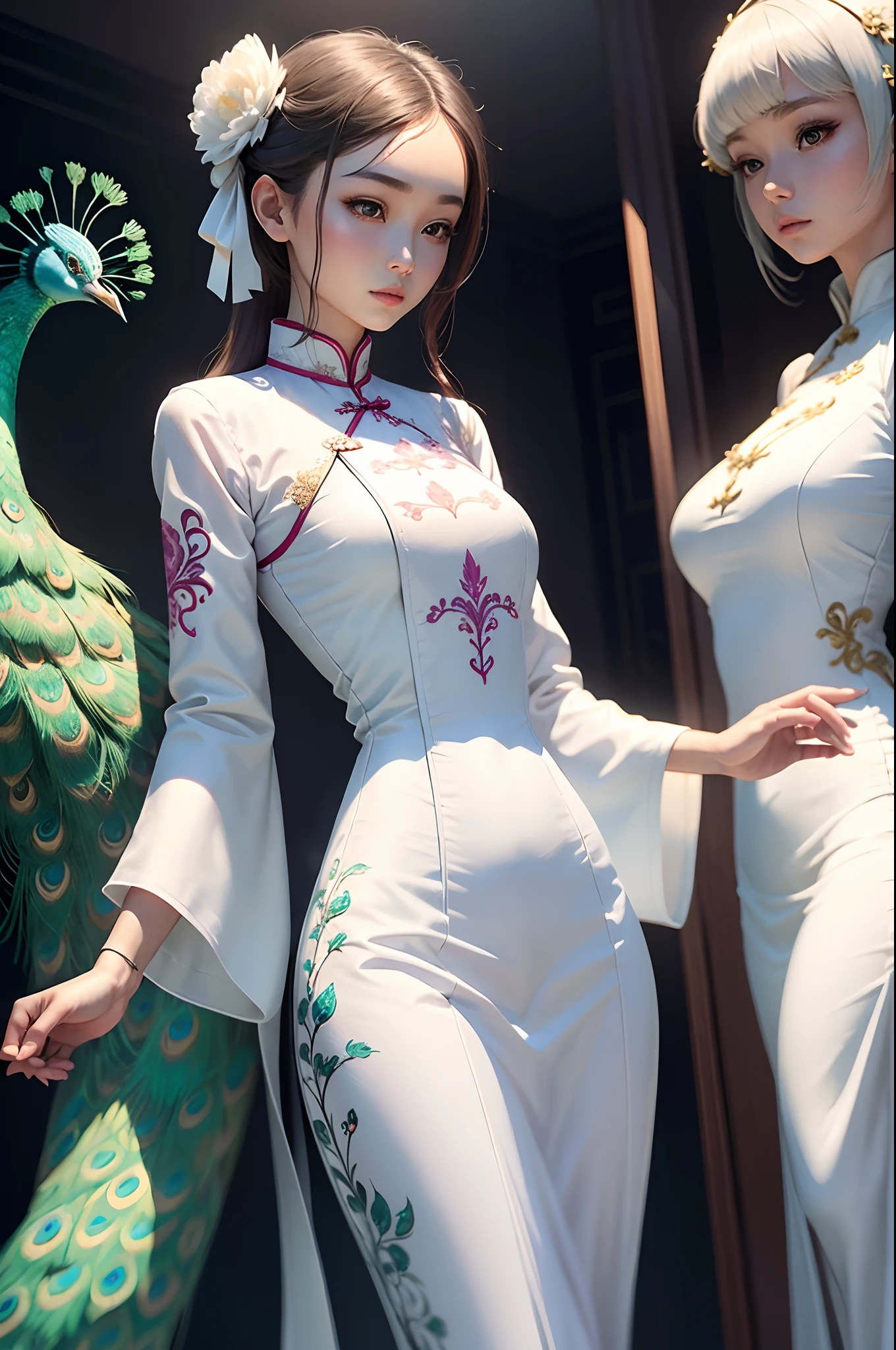 The girls in Ao Dai are sewn from thin silk or cotton fabrics, The slender and tight white style is very detailed, The peacock pattern on the front of the shirt is very detailed, The girl stood in a very gorgeous space，with lots of details