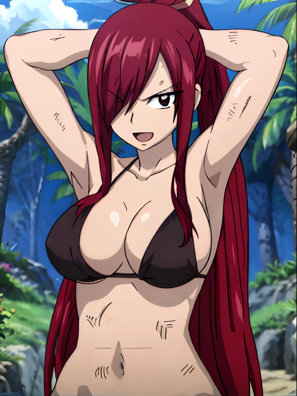 masterpiece, anime style, beach, best quality, highres, fairy tail, 1girl, long hair, ponytail, reddish hair, (bang cover one eye, one hidden eye, brown eye), large , collarbone, midriff, black bikini, standing, outdoors, smile, open mouth, emo hair, thick arms, broad shoulders, mature (tall), wide shoulders, long belly, armpit