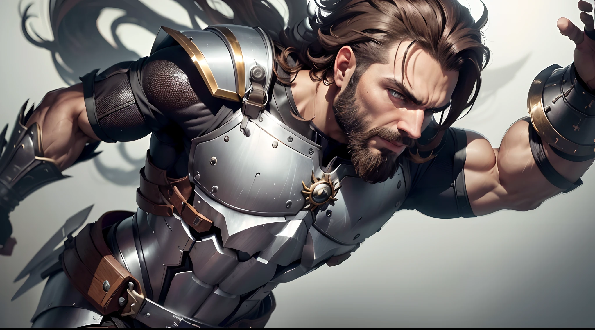 ((best quality, 8k, master part :1.3)), homem de armadura, meia idade, barba e cabelo grisalhos, armadura leve metalica nas maos, arms and legs.