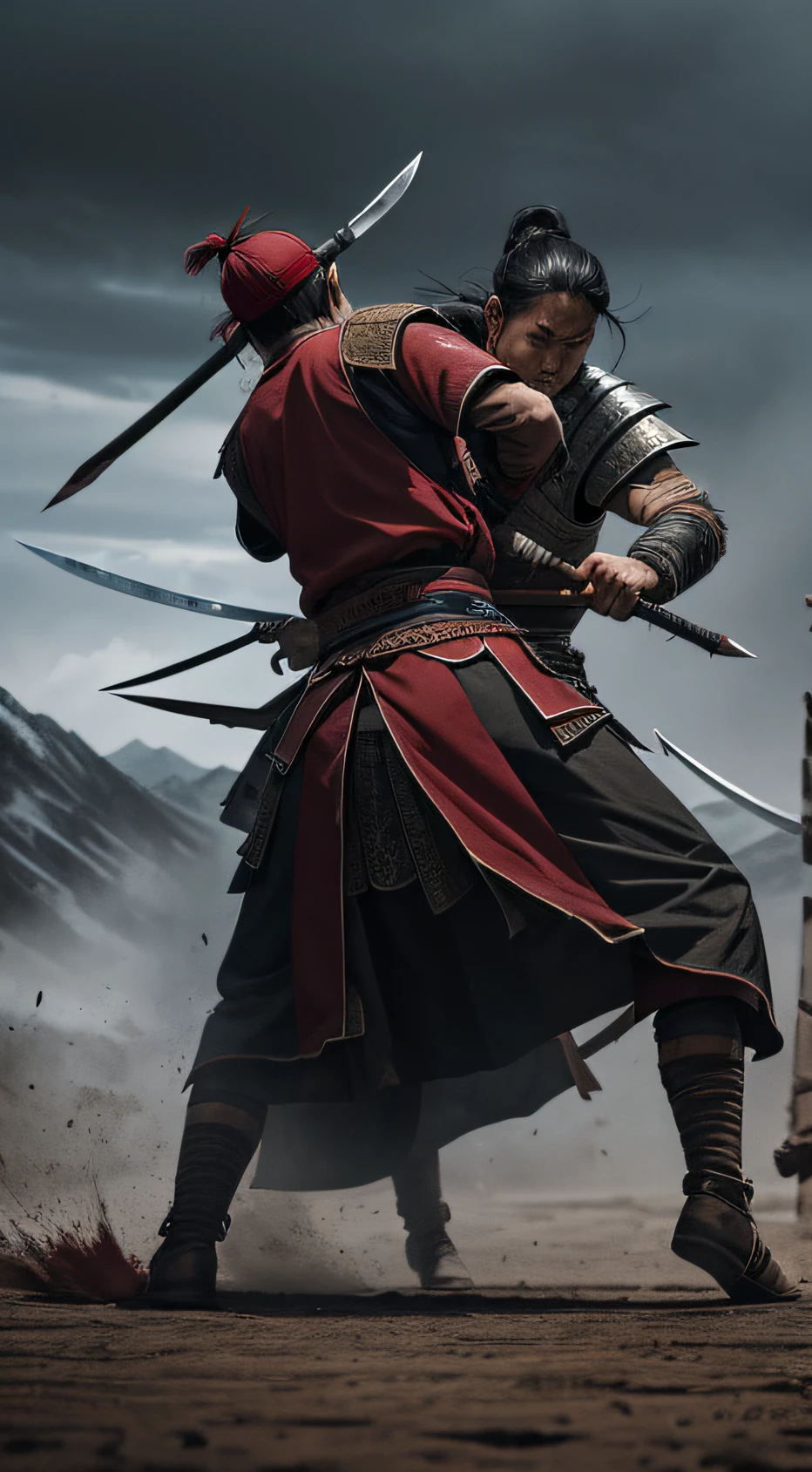 Generate a high quality image that depicts the 'two Mongols' fighting with sharp blades, Mongol Empire. In the scene, blood, carnage. atmosphere of the time noite, darkeness, chuva