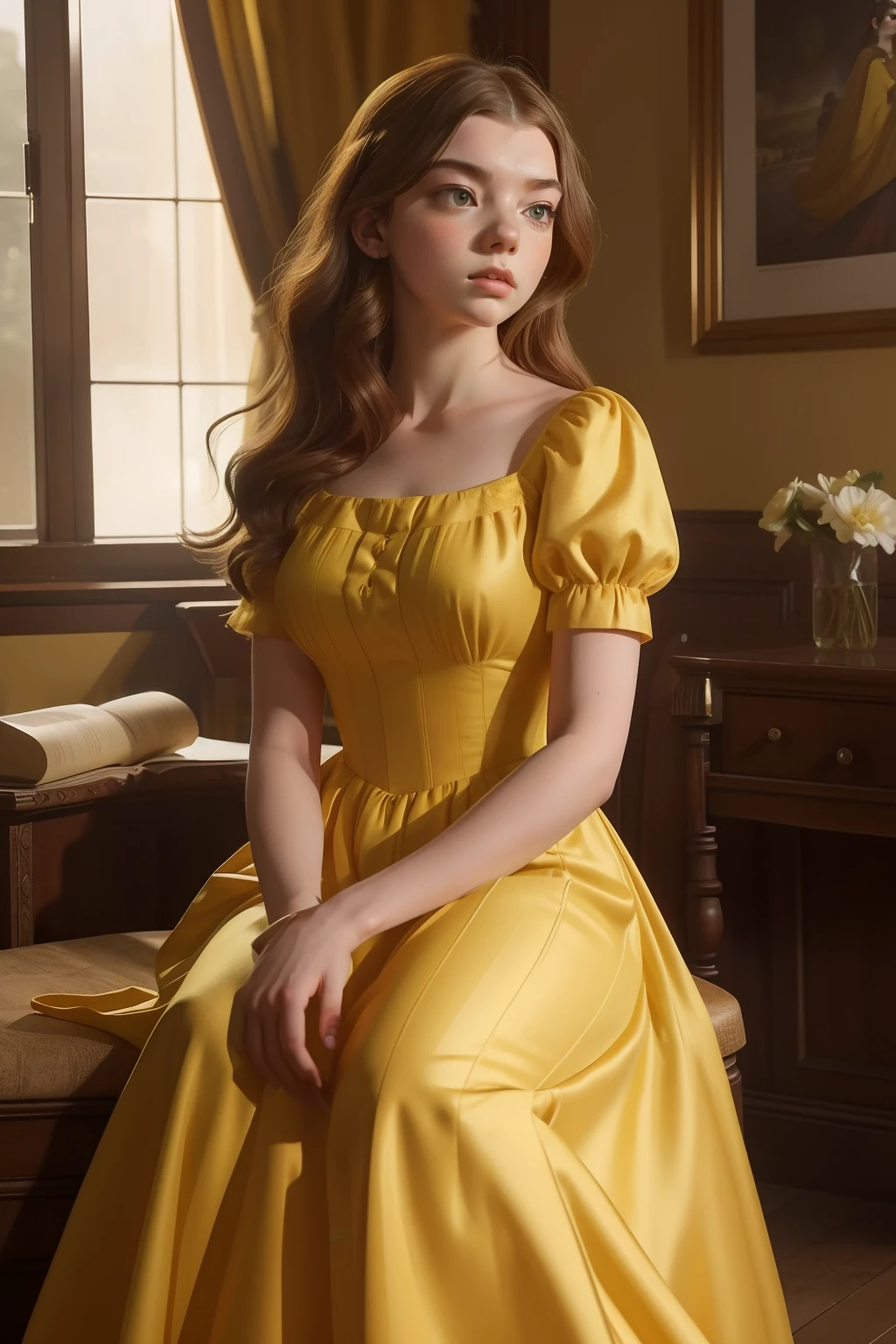 Year: 2023. Location: London. pre-raphaelite scene with Anya Taylor Joy in a yellow dress ((in the style of "OMITB")) ((cinematic style))