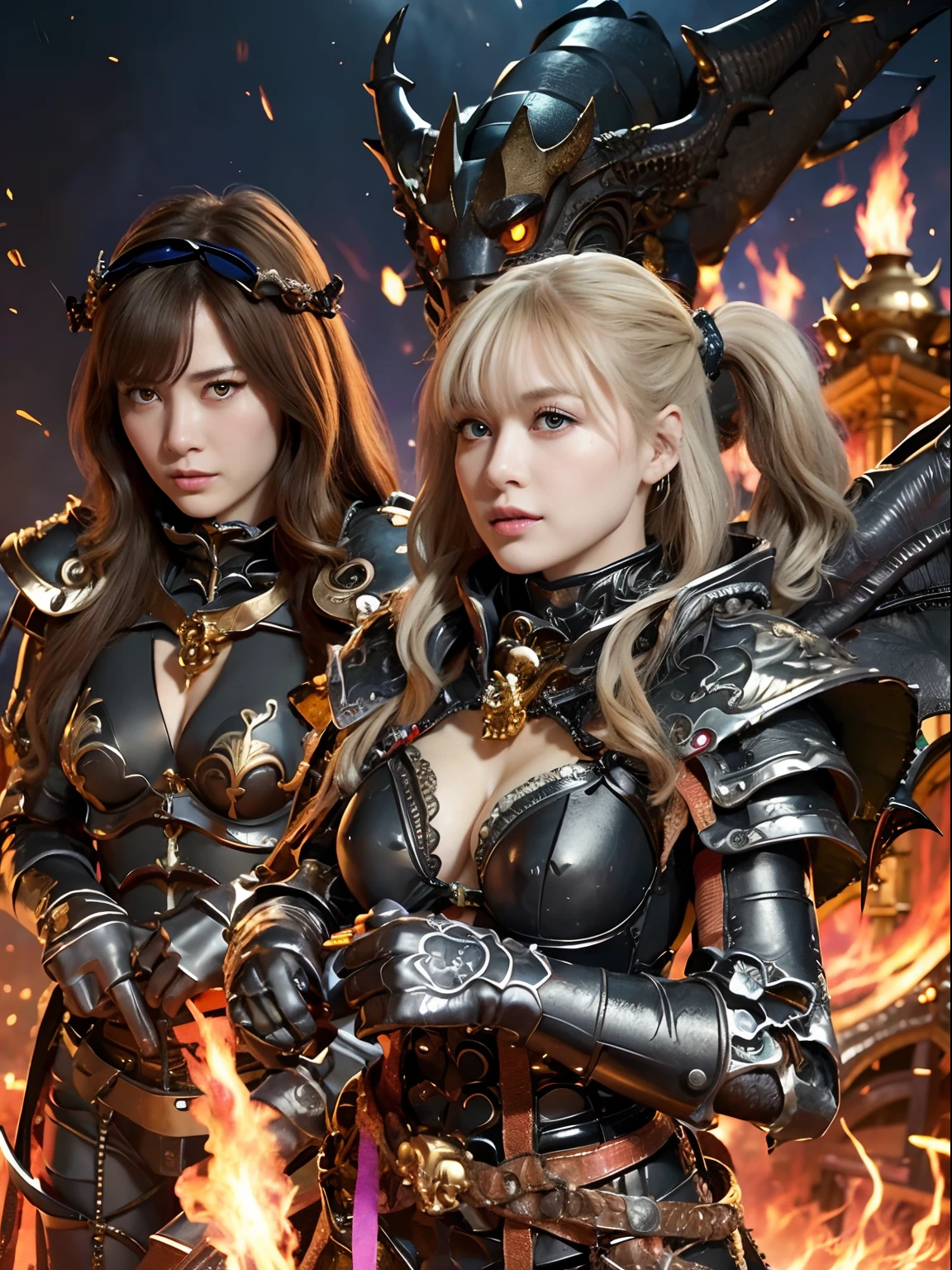 Professional , masterpiece、top-quality、photos realistic , depth of fields 、(Dragon Black Metal Body:1.9),(Matte Blue Black、(Night World)、(cleavage of the breast)、Dragon Gold Weapon、(Micro Bikini Armor:1.4),Gorgeous gold weapons ,(Fight dragons)、Seductive look、(( Dragon's dense and gorgeous sword)) , (demonic wings) ,Detail and gorgeous crown、((a blond))、(Castle background)、((Gangle's forest background))、Beautiful Caucasian beauty、1a person、dynamic ungle,(((Detailed and ornate dragon helmet)))、Smaller head、A smile、Castle background、Thin and beautiful female hands、cleavage of the breast、Soldier in iron armor on background、Mystical expression、Light Effects、intense fighting、Wind-effect、magic circles、With the legendary magic wand、Dragon's tail、explosions、