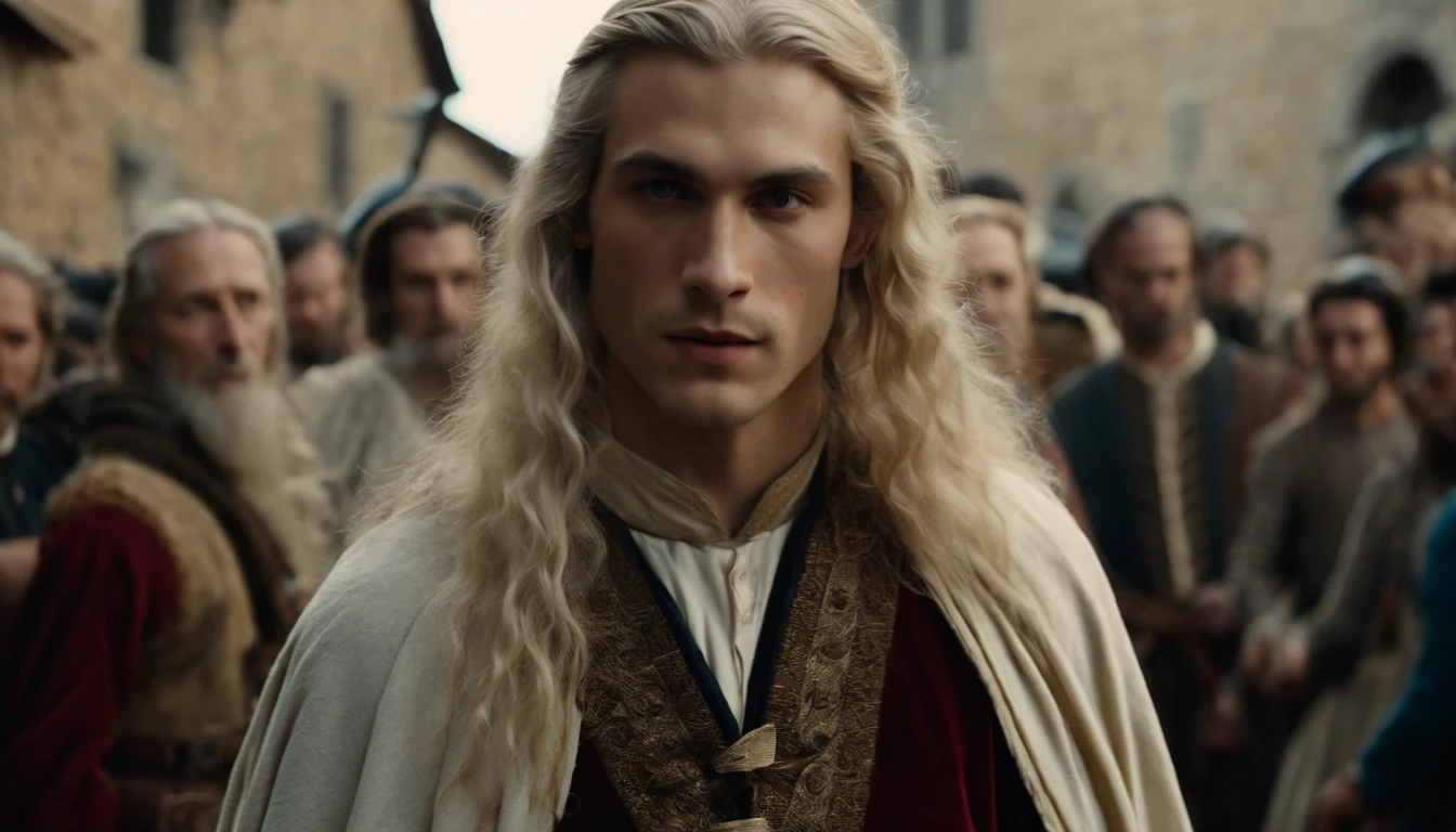photo of a man about 19 years old, natural white long hair, walkin throught the italian village, with many people who idolize him, ultra sharp focus, photo realistic, medieval men's clothing, tetrahedral colors (scar:1,4)