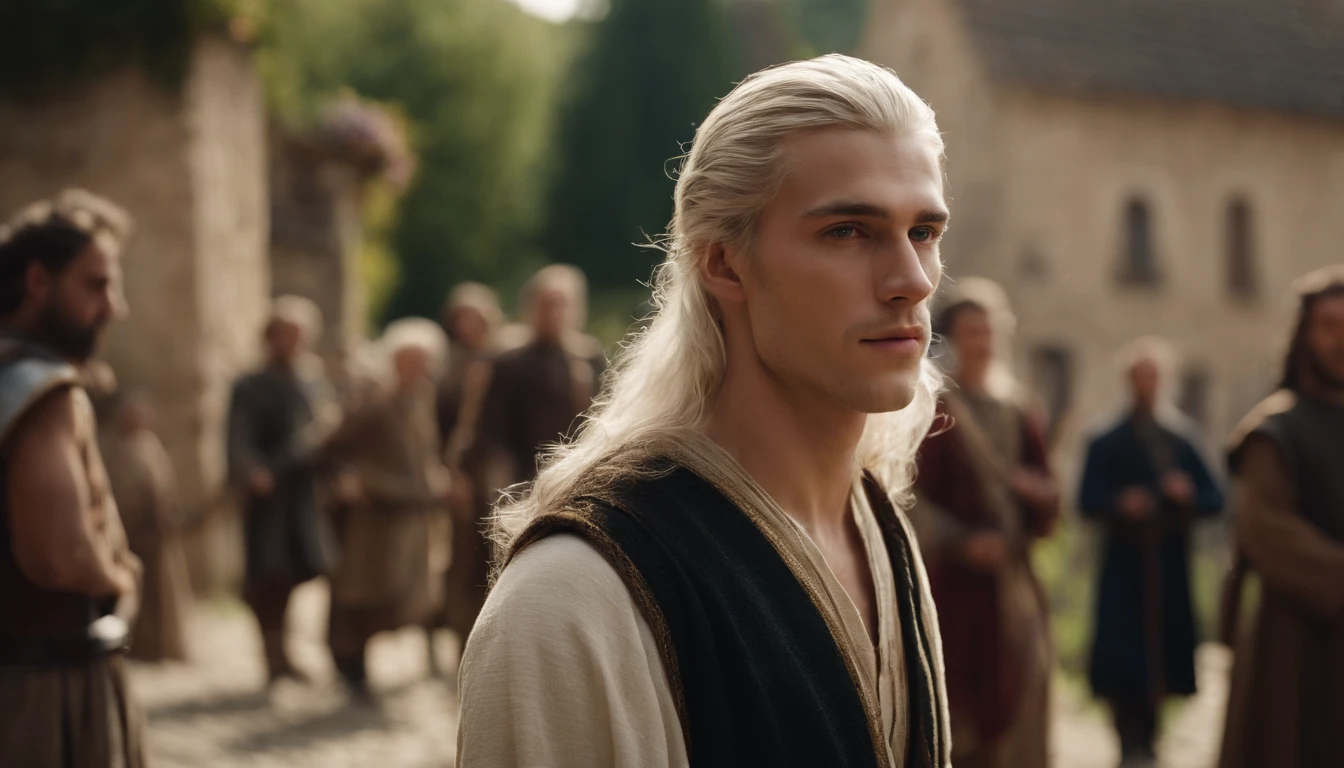 photo of a man about 19 years old, natural white long hair, walkin throught the italian village, with many people who idolize him, ultra sharp focus, photo realistic, medieval men's clothing, tetrahedral colors (scar:1,4)