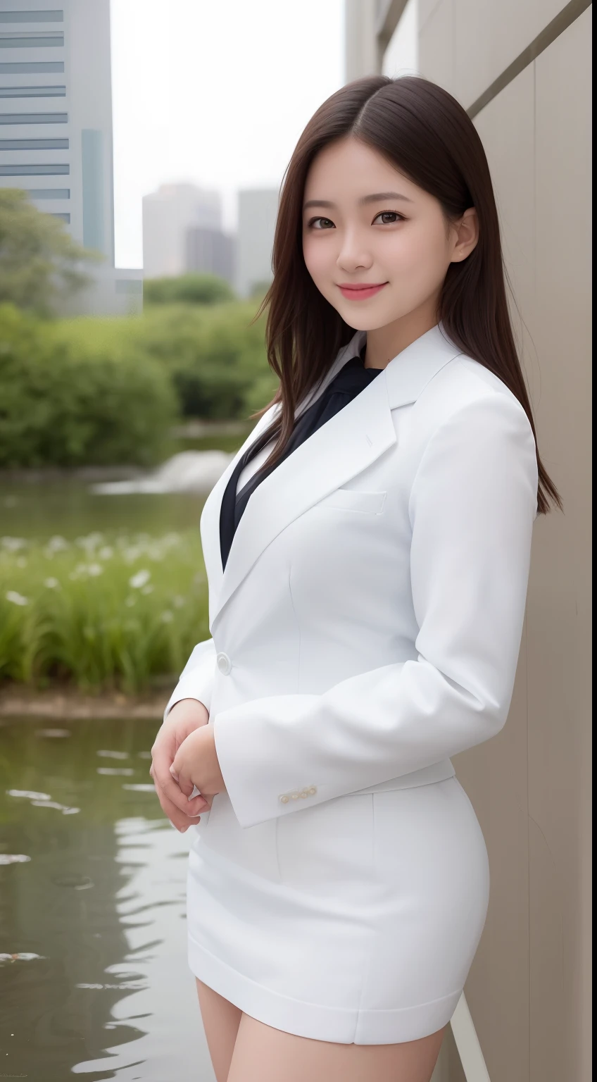 A smiling girl，While wearing a white Business suits，White tight skirt，Stand by the pond，Side view，High hips，com rosto detalhado，The eyes are delicate，The photo quality is the best，Realistic image quality，Background diffuse lighting，Depth of field display。