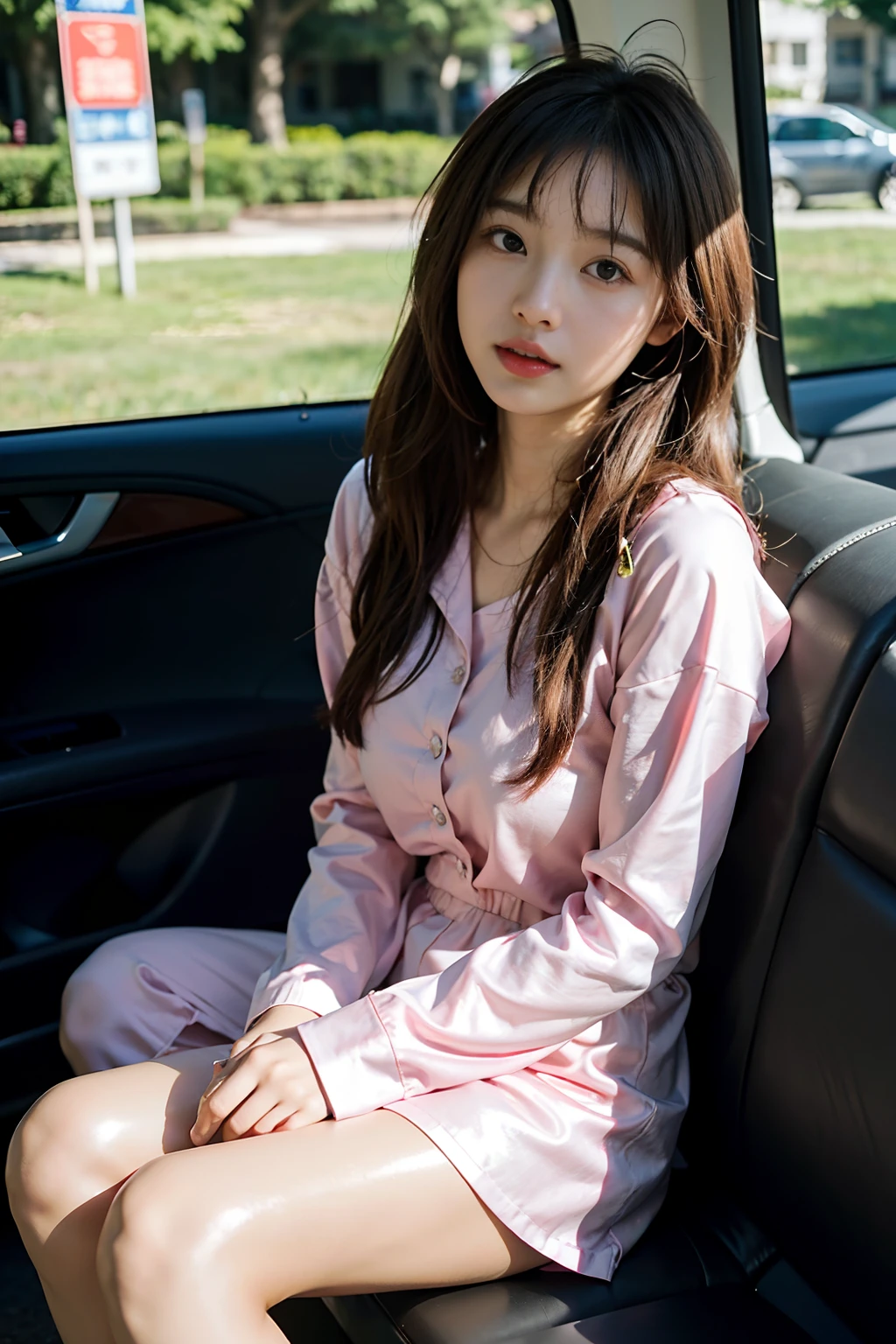 There was a girl sitting in the back seat of a car, sits in her car, (最好质量,4K,8K,A high resolution,tmasterpiece:1.2),super detailing,(realisticlying,photographrrealistic:1.37),loud,(Portrait,Flowers,Horrible,anime big breast,sci-fy,art of photography),Bright shades,gentlesoftlighting,, visible from white shirt (((Masterpiece, Highest quality)), , 2 girls, (Photorealistic: 1.4), Solo, White background, Black hair, Long hair, Absolute area, Skirt, ((full bodyesbian)),smooth golden skin, Golden body, shiny metallic glossy skin, shiny plastic,Glossy spread their legs,M-shaped legs,Aizawa Minami,Shiina Sora ,af,Blushlush,is shy,Shy, xintong chen, Choi Hyun-hwa, ulzzangs, Photo ( far _ Shot ), dang my linh, kda, # overclocking, #overclocking, lofi-girl,Sleeping girl,22 year old,realisticlying,She wears leggings,Wearing pink pajamas,brown hair。