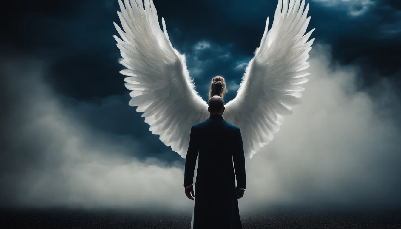 Imagine an apocalyptic scenario between good and evil, angels of light on one side and angels of darkness on the other side, travando uma luta espiritual, and a man in the middle dressed in a white blouse and light pants. ultra sharp, foto realista, with elements flying across the sky and dark blue smoke