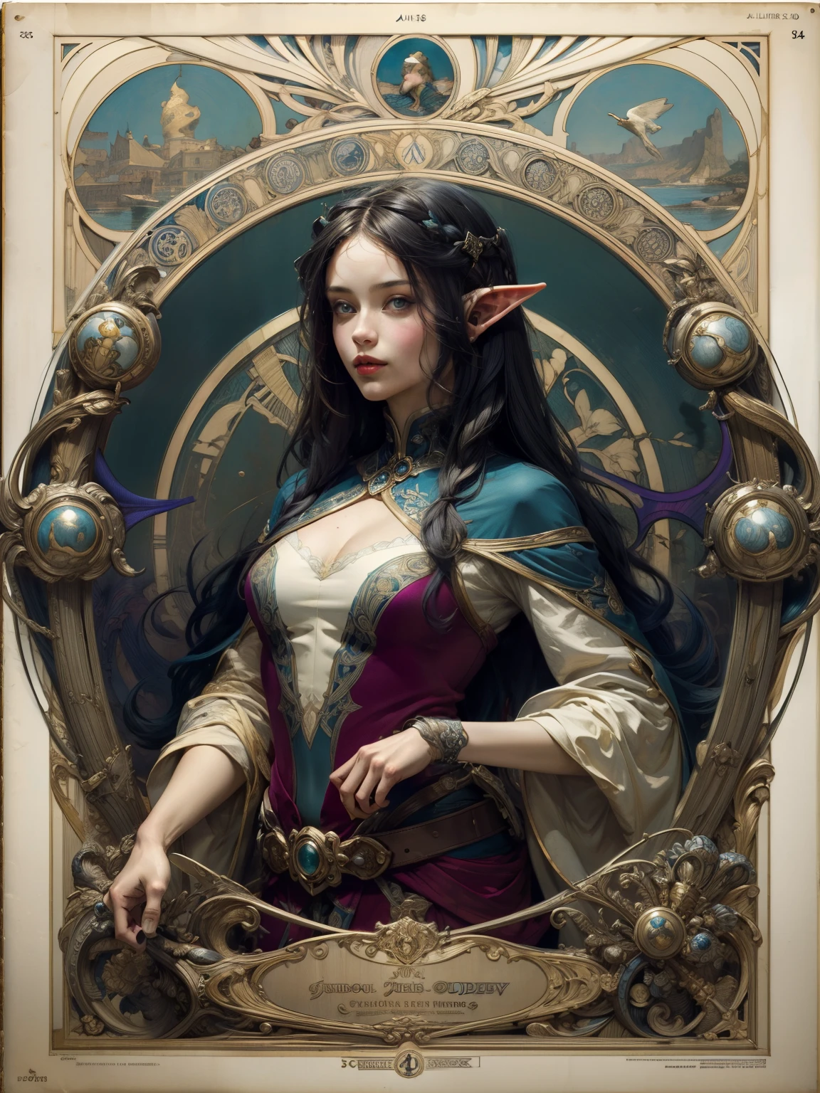 (Masterpiece, Best Quality, Highres:1.4 image of Elf woman), cowboy shot, Detailed, Intricate Details, 4K, line art, (Art Nouveau style), influence by John William Waterhouse and Alphons Mucha