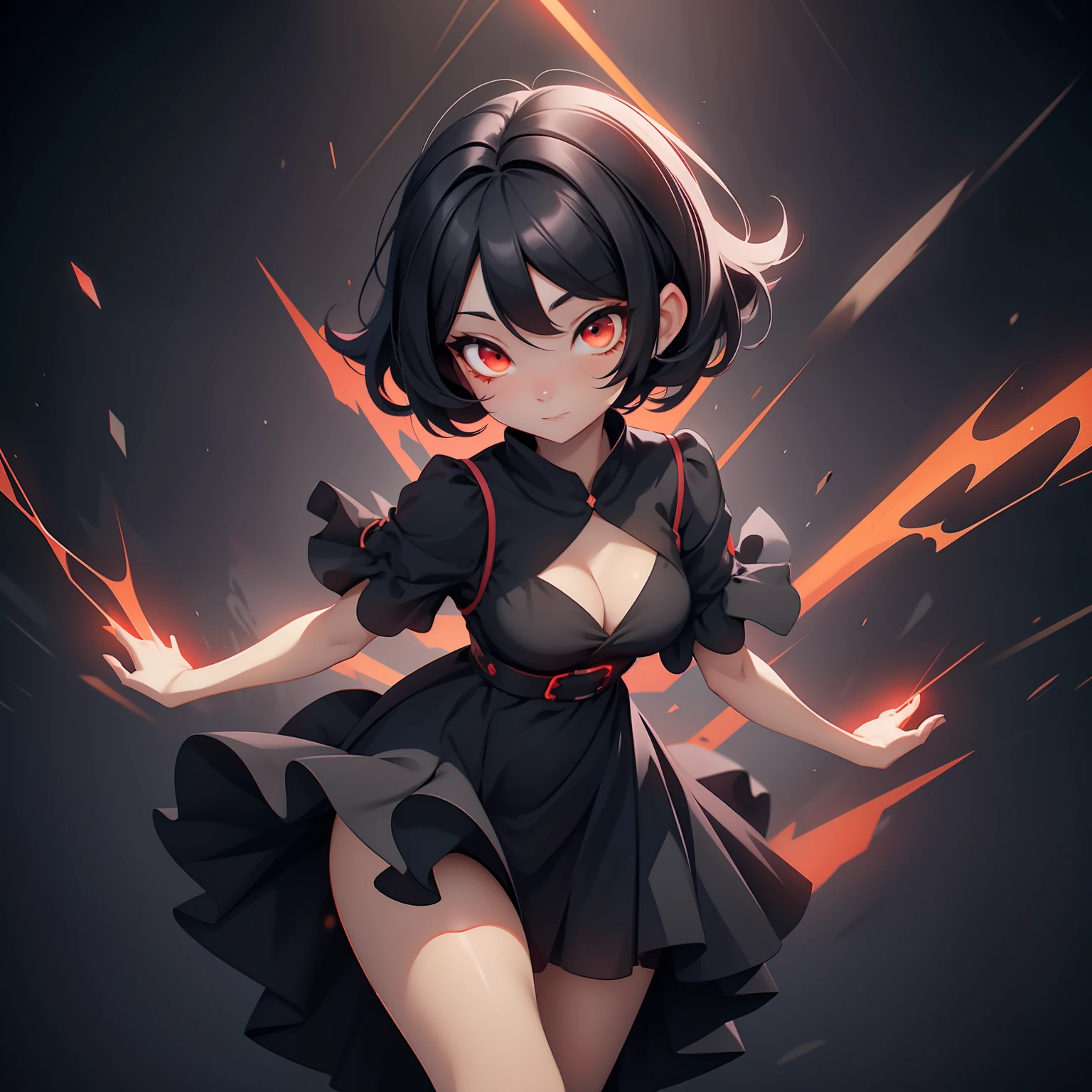 A girl, short black hair, high low dress, glowing red eyes, black background, dynamic pose