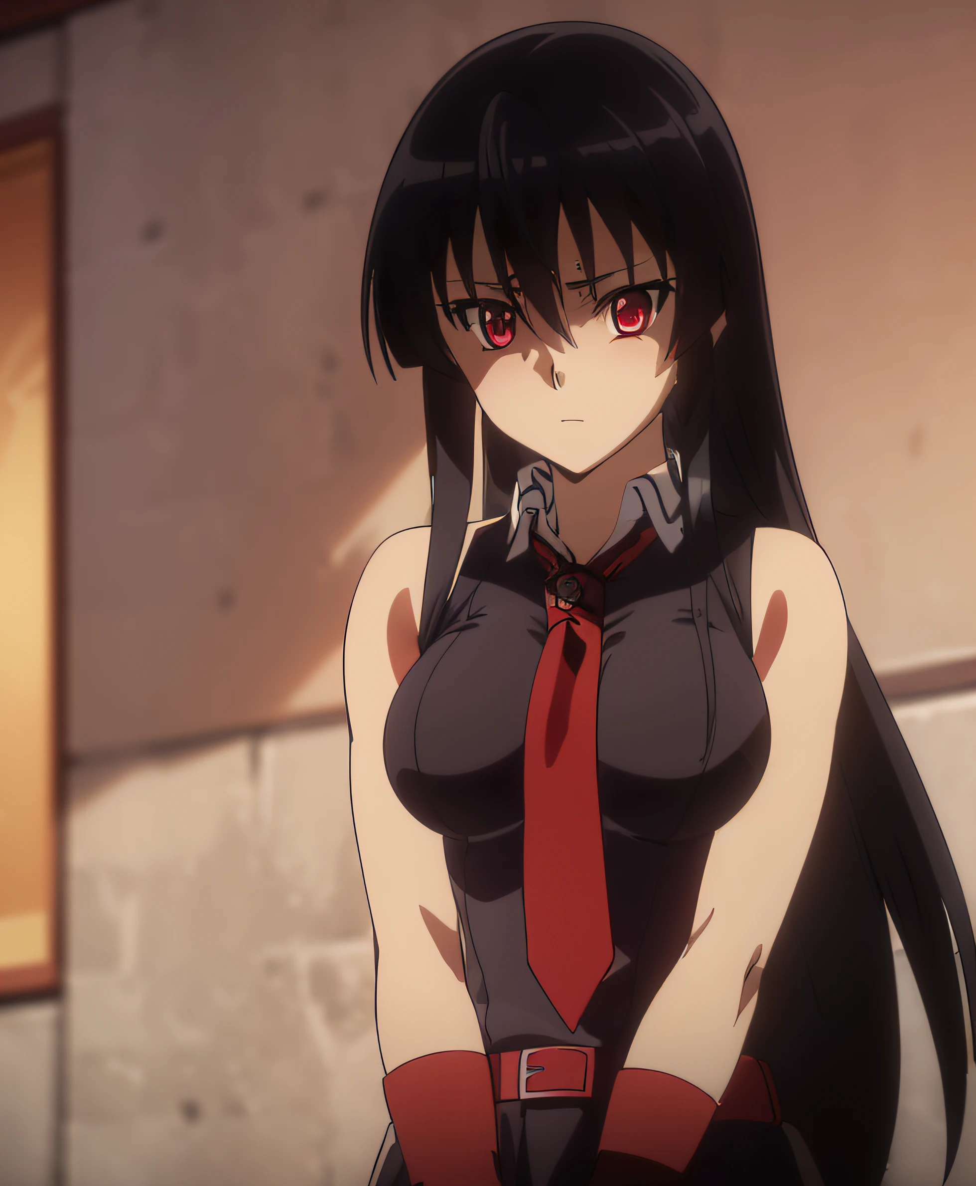 akame (akame ga kill!), (masterpiece, best quality), (((high detailed, intricate details, lush detail, insanely detailed face, beautiful red eyes, shiny skin, sharp eyes))), ((Indoors, dramatic shadows, vibrant colors, backlighting, depth of field, highleg, contrapposto, (very long hair))), (((solo, 1girl, shadow over face))), black hair, ((medium breasts)), (( sleeveless black shirt, red tie, black skirt, white collar shirt, red belt, hidden hands)), bangs, hair between eyes, ass, big eyes, upper body, face focus, muscle, slim body, looking at viewer, long black gloves, red bracer, left eye patch, neckline