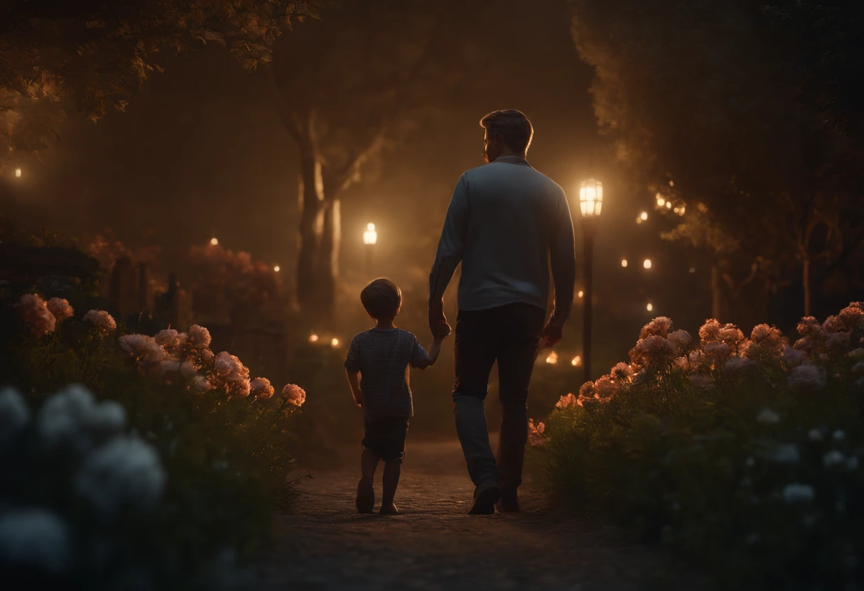 FATHER AND 5 YEAR OLD SON PLAYING, NIGHTTIME, FLOWERS, NATURE, MOONLIGHT, REALISTIC, 8K, resolution concept art portrait by CAUCASIAN, REALISTIC, detailed matte painting, deep color, fantastical, intricate detail, splash screen, complementary colors, fantasy concept art, 8k resolution trending on Artstation Unreal Engine 5"