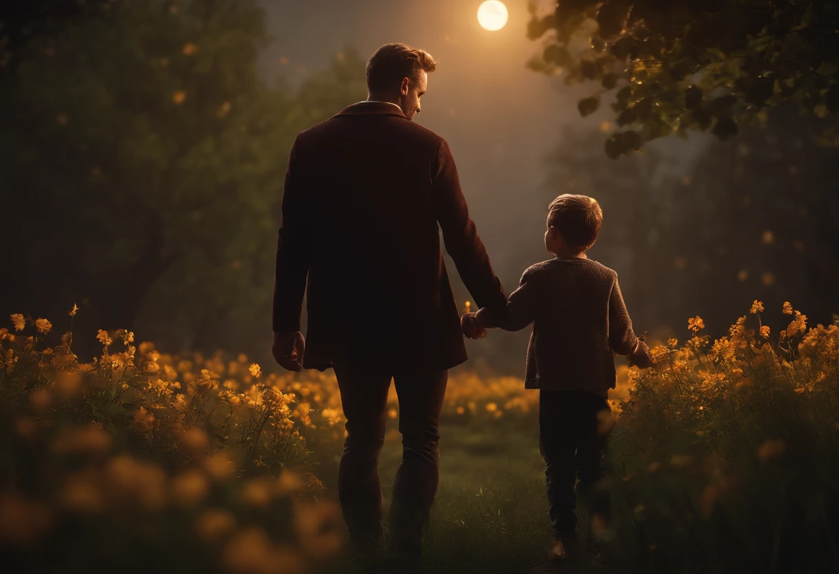 FATHER AND 5 YEAR OLD SON PLAYING, NIGHTTIME, FLOWERS, NATURE, MOONLIGHT, REALISTIC, 8K, resolution concept art portrait by CAUCASIAN, REALISTIC, detailed matte painting, deep color, fantastical, intricate detail, splash screen, complementary colors, fantasy concept art, 8k resolution trending on Artstation Unreal Engine 5"