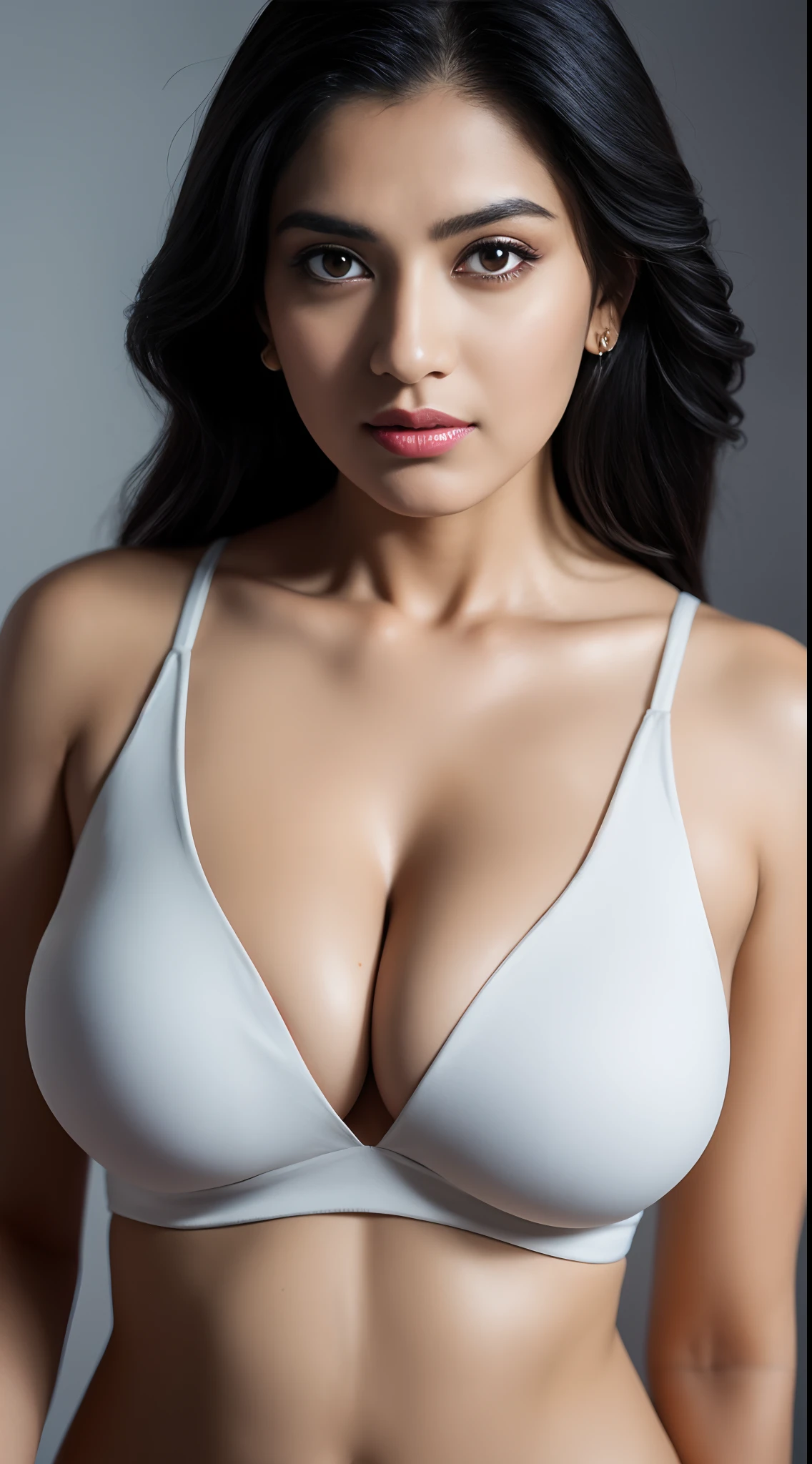 create a portrait of indian-american woman with black hair, big natural breast, showing deep cleavage