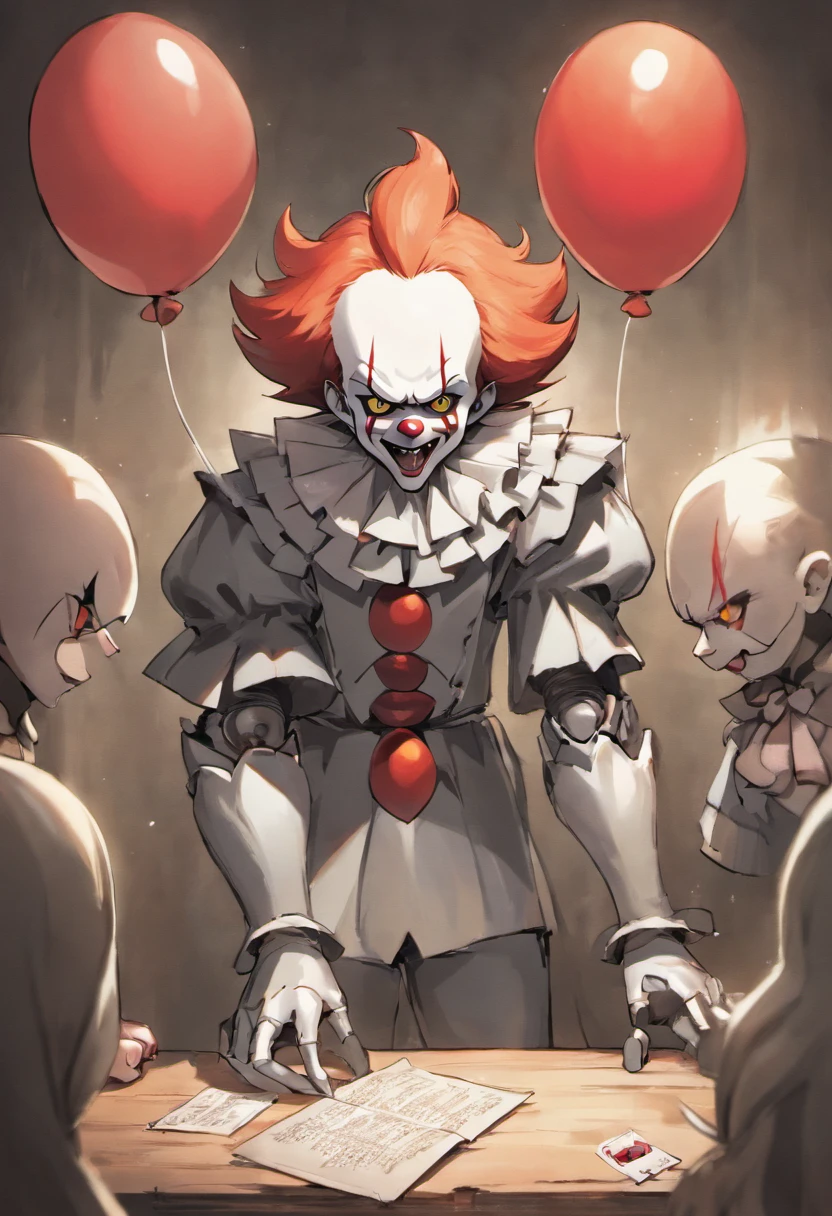 Adult robot man as pennywise, efeito vhs, (poster: 1.6), poster on the wall, terror, horror movie poster, horror, assustador, detalhes escuros, hiperdetalhado, blood tracing, Subsurface dispersion, heavy lighting for the dark, raso profundidade de campo, jorrando sangue, noite, trevas, darkeness, assassino, risada, dentes longos, big hand, jogando dado, rpg, rpg de mesa, jogando dados na mesa, mesa com dados, livro, dados sendo jogados, D20, dado de 20 lados, jovens assustados no fundo, medo, jovens com medo, narrando jogo, narrando rpg, jogando dados de rpg, mestrando rpg, rpg de mesa, jovens com medo, jovens escutando com medo, pennywise rindo, dados de 6 lados, jovens com dados