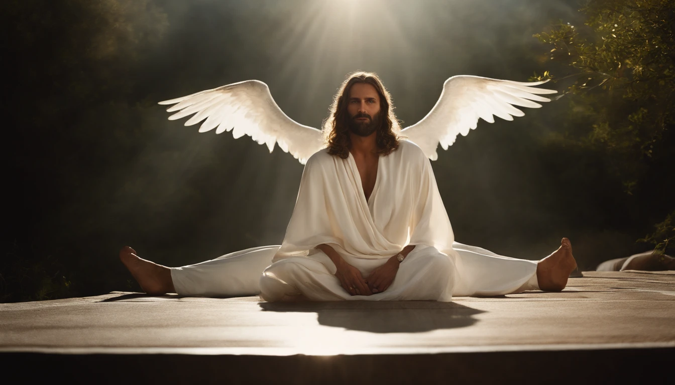 Imagine an apocalyptic scenario between good and evil, angels of light on one side and angels of darkness on the other side, travando uma luta espiritual, and a man in the middle dressed in a white blouse and light pants. ultra sharp, foto realista, With Jesus coming down from heaven