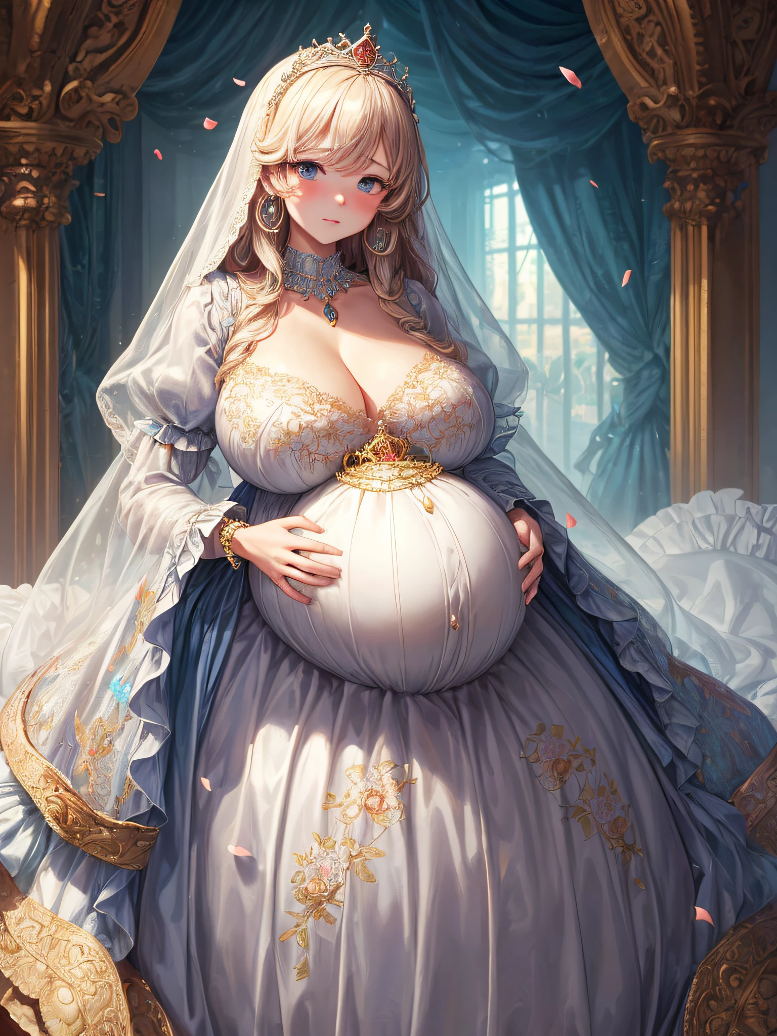 (masterpiece, best quality,extremely detailed:1.1),(moe anime art style:1.2),1girl,((full body,focus face)),((solo)), cute, kawaii,digital art,((1 bling-bling pregnant princess wearing beautiful embroidery and jeweled gorgeous princess rococo ballgown with jeweled voluminous full length hoop skirt)),(((heavily pregnant,very big pregnant belly))),((crinoline)),long train,voluminous frills,(gorgeous embroidery and beautiful lace),((very gigantic boobs,skindentation)),cleavage,shiny hair,(((very long straight hair,large amount of straight hair))),((embarrassed)),anguish,((finely detailed face and eyes)),clear pupil,extremely gorgeousfull hair ornament,(bling-bling jeweled extremely gorgeousfull tiara),(bling-bling gorgeous gemstone jewelry),long veil,beautiful background,fantasy background,flowers,flower petals flowing,full body,((beautiful embroidery and jeweled ruffled gorgeous princess rococo ballgown with voluminous full length hoop skirt))