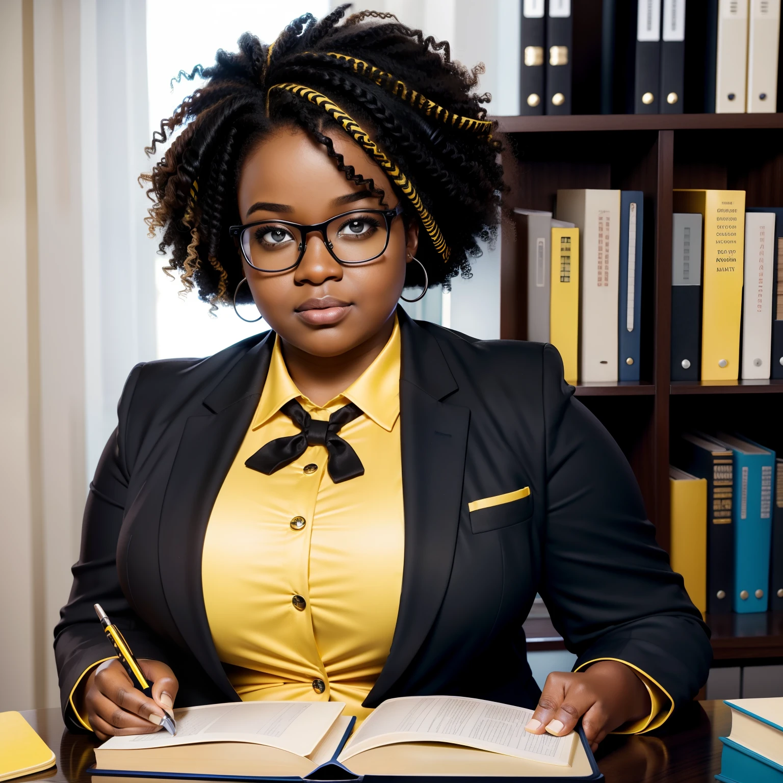 Hyper realistic, very fat black girl, dynamic lighting, very detailed, hydrated black skin, short hair, wavy little curly hair, nerdy glasses, big boobs. Office desk with books and notebook. Dress uniform, yellow blazer. Serious, engaged look, without smiling