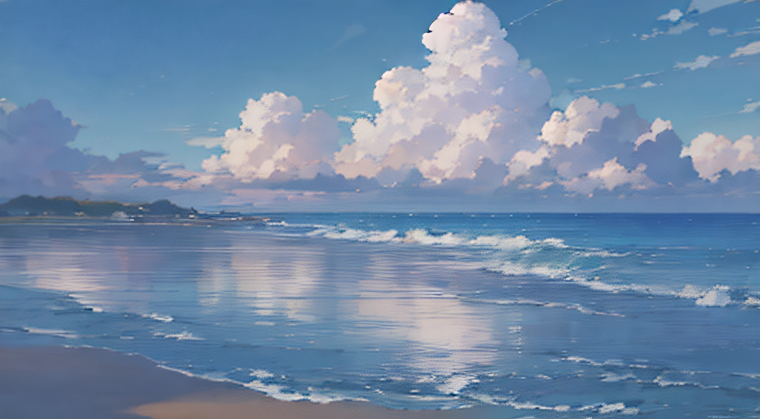 painting of a beach with a boat in the distance and clouds in the sky, blue sea. by makoto shinkai, makoto shinkai. —h 2160, style of makoto shinkai, reflections. by makoto shinkai, detailed scenery —width 672, in style of makoto shinkai, anime beautiful peace scene