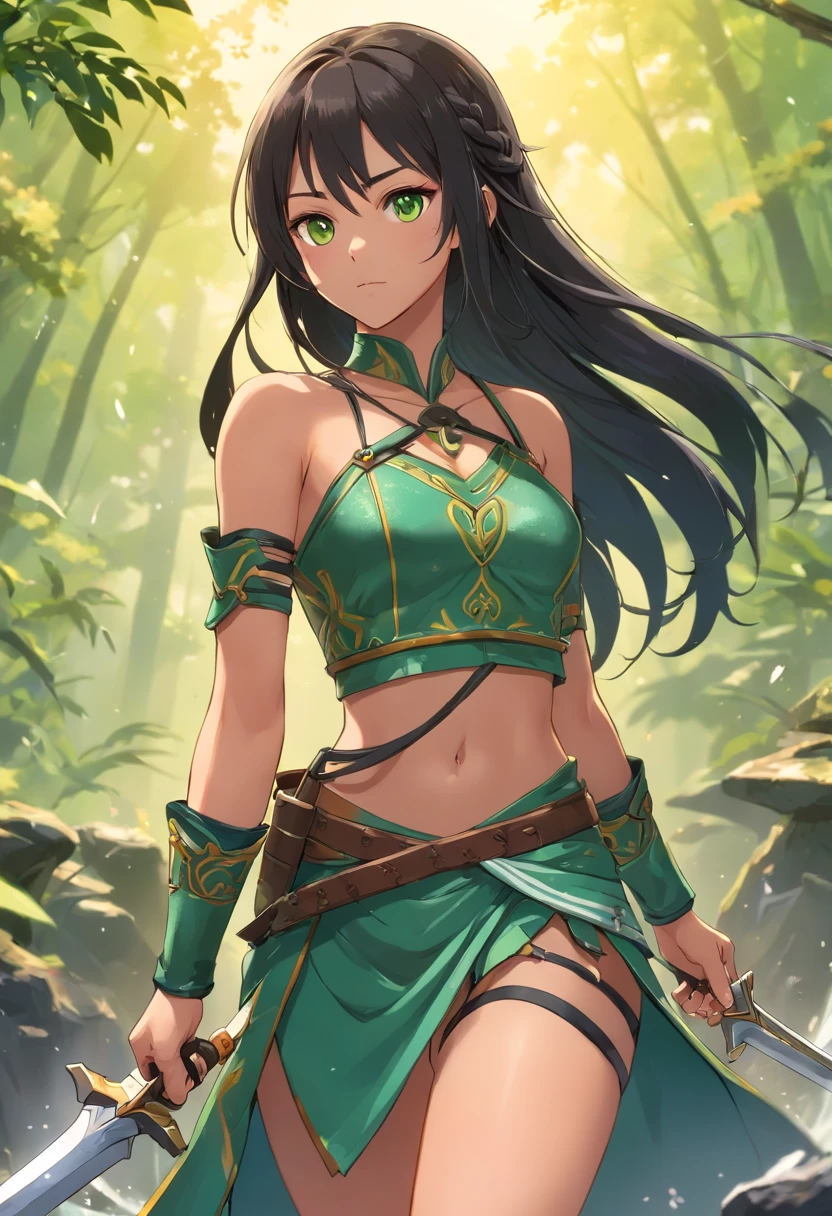 1 cinta, ((medium chest)), (seppuku: 1.1), (Corpo Perfeito: 1.1), (cabelos longos e lisos: 1.2), ((Long braided black hair)), ((olhos verdes)), ((Os olhos brilham verde)), corpo inteiroesbian, (Elfos claros), ((pele clara):1.4), ((Barbarian costume)), Extremamente meticulosamente vestido、Cuirass de couro antigo ricamente costuradas e batidas, Antique leather shorts are rich in sewing details, Cintos largos caem nas laterais, O corpo tem muitas cicatrizes proeminentes e detalhadas, Image depicting elven warriors after battle, Some scratches, marcas no corpo, A very serious and concentrated expression hung on the riverbank. (((enorme, Espadas excessivamente detalhadas e severamente danificadas pela batalha))). (Wallpape CG 8K extremamente detalhado), (extremamente delicado e bonito), (master part), (best quality: 1.0), (ultrahigh-resolution: 1.0), beautiful lighting, perfect lighting, sombras realistas, [high resolution ], pele detalhada, ((textura da pele)), super detalhado