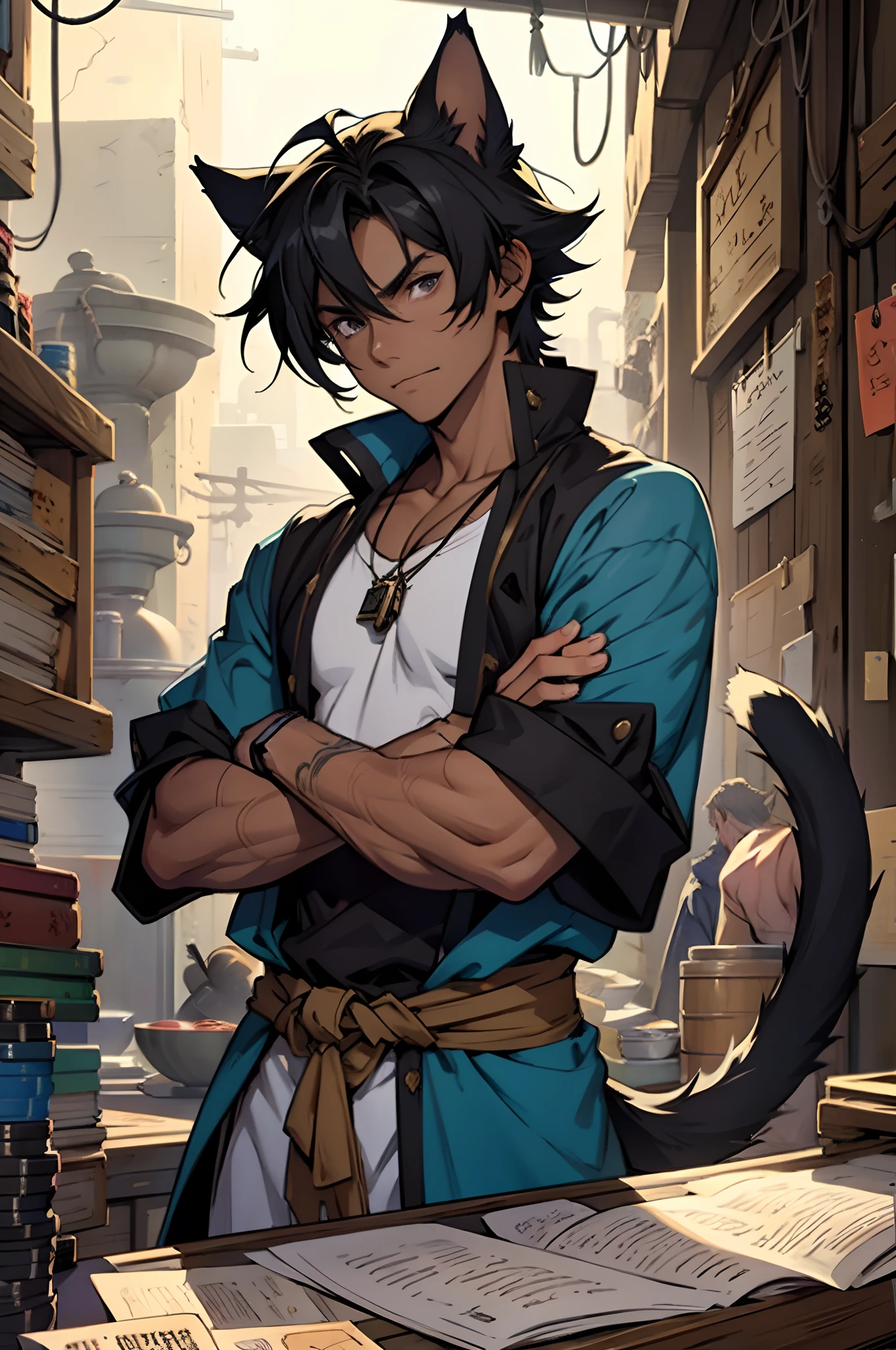A catboy, young man, lazy expression, lean, thin, scrawny, anime boy, relaxed,tanned skin, messy dark black hair, slanted eyes, poker face, messy, worn looking clothes, old clothes, begger, with a long cat tail, fantasy market background, dnd, JRPG, historian, scrolls, dungeon