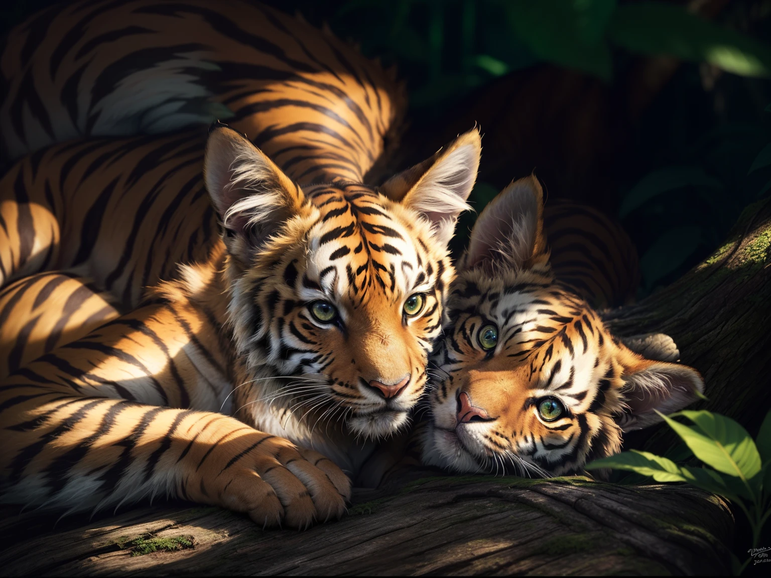 (best quality,4k,8k,highres,masterpiece:1.2),ultra-detailed,(realistic,photorealistic,photo-realistic:1.37),fantasy tigers,2kittens as,tigers, in a fantasy jungle,cinematic lighting,close shot,high saturation,rich colors,vibrant tones,tropical vegetation,lush greenery,exotic flowers,mystical atmosphere,magical ambiance,mysterious shadows,ancient trees,dappled sunlight,vivid details,patterned fur,golden stripes,sharp claws,ferocious expressions,penetrating eyes,intense gaze,dramatic poses,majestic presence,dynamic compositions,striking contrast,immersive experience,awe-inspiring, mesmerizing masterpiece.