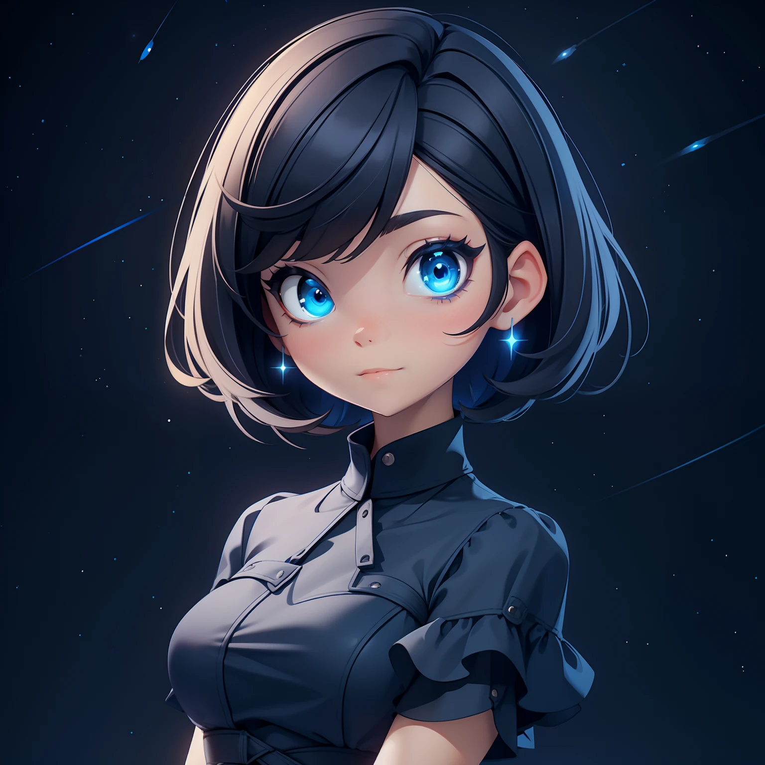 Girl, short black hair, a midi dress, glowing blue eyes, night sky background