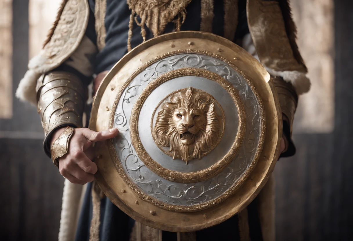 He holds a white and gold shield in his hand
