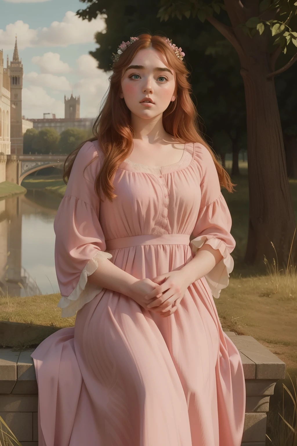 Year: 2023. Location: London. pre-raphaelite scene with Florence Pugh in a pink dress ((in the style of "OMITB")) ((cinematic style))