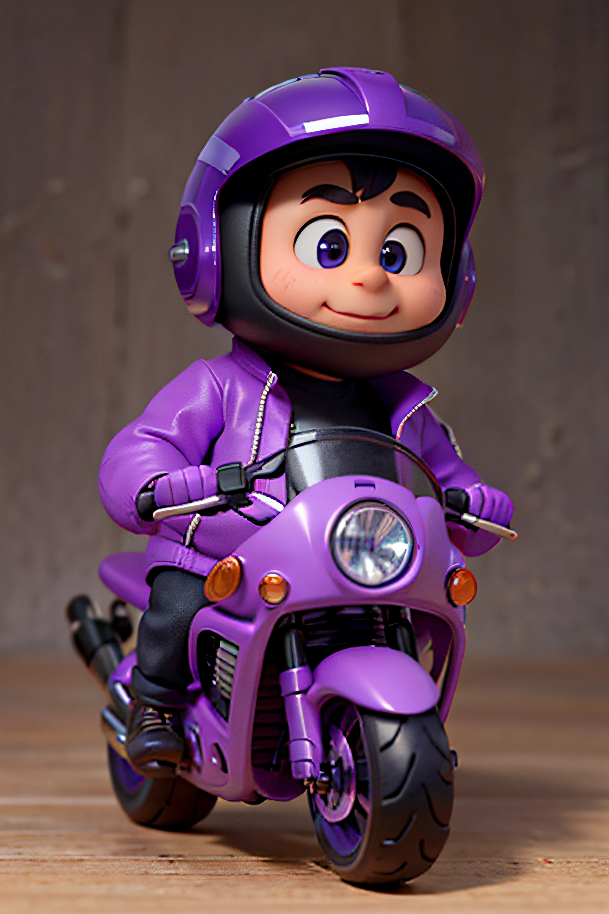 Make a small biker character with a closed helmet, mostrando apenas os olhos, estilo cartoon, gordinho, chubby, pixar, dressed in a purple jacket and black pants on top of a sports bike