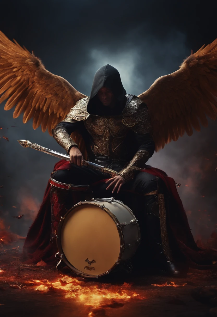 realistic, 4k, an fallen angel with big wings, a sword, playing drum set, a hood over his head in the background image of a war (chaos)