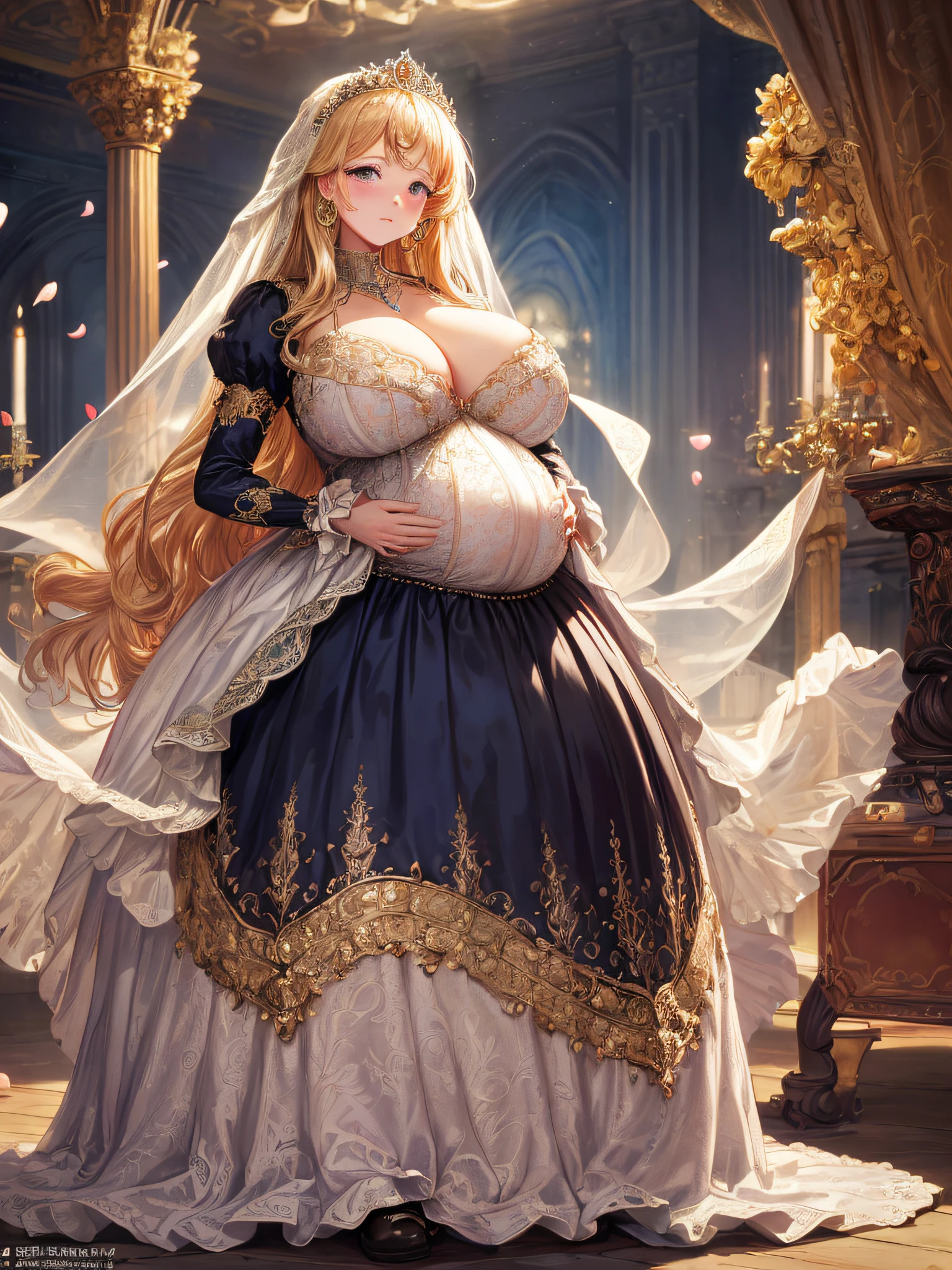 (masterpiece, best quality,extremely detailed:1.1),(moe anime art style:1.2),1girl,((full body,focus face)),((solo)), cute, kawaii,digital art,((1 bling-bling pregnant princess wearing beautiful embroidery and jeweled gorgeous princess rococo ballgown with jeweled voluminous full length hoop skirt)),(((heavily pregnant,very big pregnant belly))),((crinoline)),long train,voluminous frills,(gorgeous embroidery and beautiful lace),((very gigantic boobs,skindentation)),cleavage,shiny hair,(((very long straight hair,large amount of straight hair))),((embarrassed)),anguish,((finely detailed face and eyes)),clear pupil,extremely gorgeousfull hair ornament,(bling-bling jeweled extremely gorgeousfull tiara),(bling-bling gorgeous gemstone jewelry),long veil,beautiful background,fantasy background,flowers,flower petals flowing,full body,((beautiful embroidery and jeweled ruffled gorgeous princess rococo ballgown with voluminous full length hoop skirt))