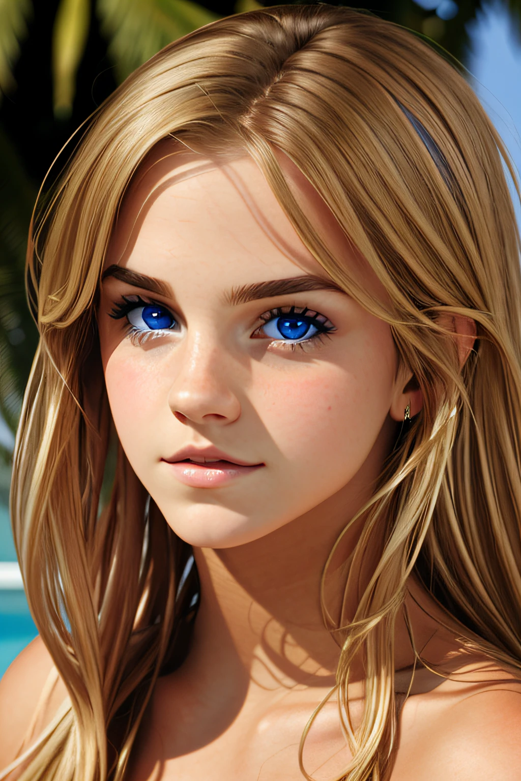 beautiful, extremely detailed face, perfect eyes, perfect face, perfect lighting, 1girl, solo focus, lips, perfect body, naked, nude, topless, seductive, perky breasts, nipples, tan skin, emma watson, britneyspears-smf, (long blonde hair), medium long shot, upper body shot, front view, clean bright colors, 4k, hdr, intricate and highly detailed, a lot of details, (blue eyes)