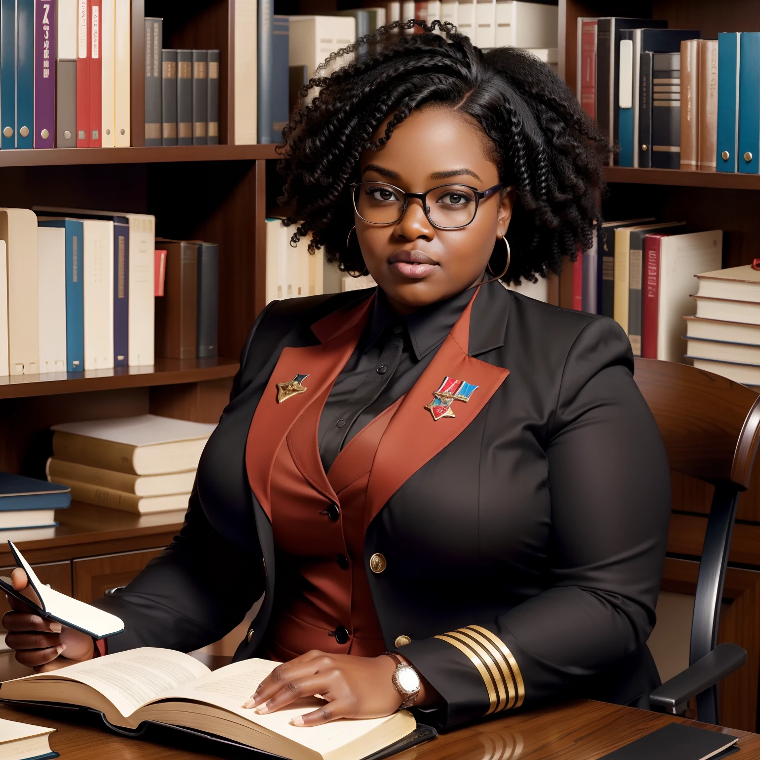 Hyper realistic, very fat black girl, dynamic lighting, very detailed, hydrated black skin, short hair, curly hair, nerdy glasses, big boobs. Office desk with books and notebook. Dress uniform, red blazer. Serious, engaged look, without smiling