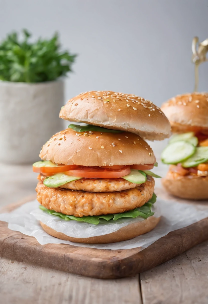 a chicken burger, Editorial Photography, Photography, Shot on 70mm lens, Depth of Field, Bokeh, DOF, Tilt Blur, Shutter Speed 1/1000, F/22, White Balance, 32k, Super-Resolution, white background