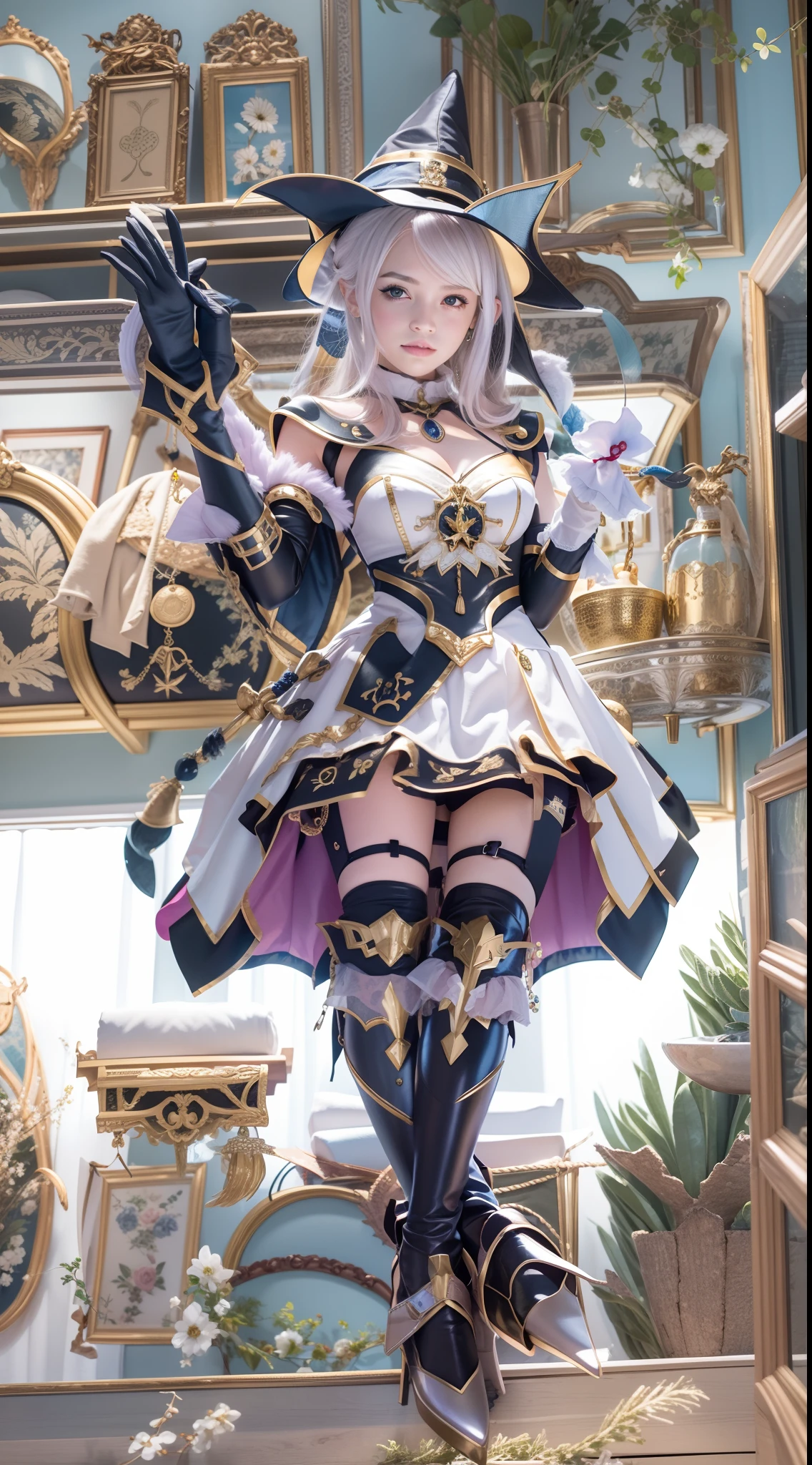 magical girl, witch, armor gloves, home goods store, floating