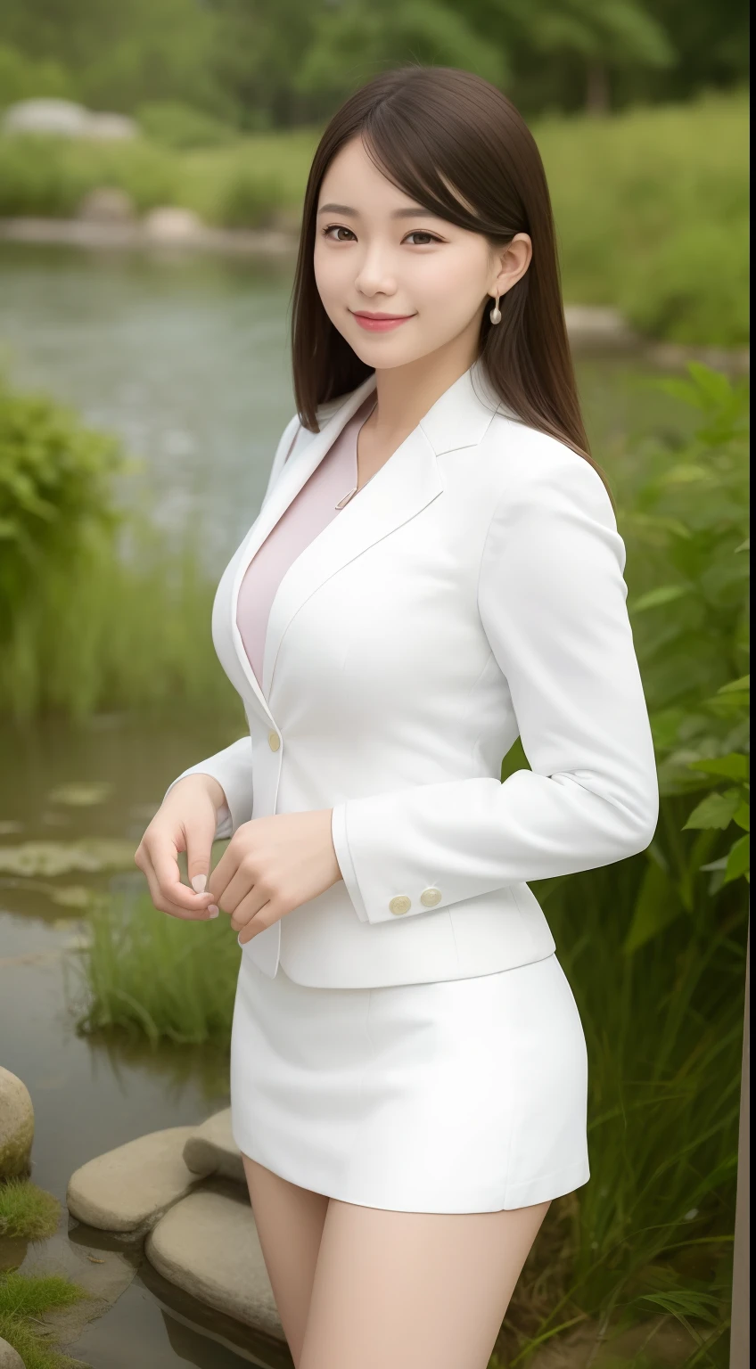 A smiling girl,While wearing a white Business suits,White tight skirt,Stand by the pond,Side view,High hips,com rosto detalhado,The eyes are delicate,The photo quality is the best,Realistic image quality,Background diffuse lighting,Depth of field display。
