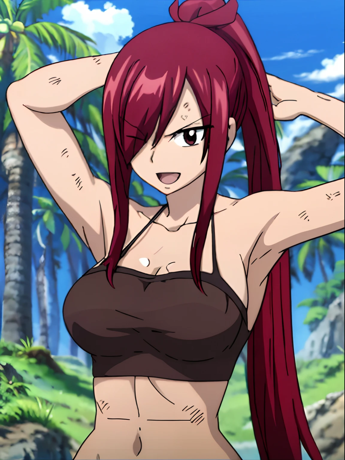 masterpiece, anime style, beach, best quality, highres, fairy tail, 1girl, long hair, ponytail, reddish hair, (bang cover one eye, one hidden eye, brown eye), large breasts, collarbone, midriff, black bikini, standing, outdoors, smile, open mouth, emo hair, thick arms, broad shoulders, mature woman, (tall), wide shoulders, long belly, armpit, strong arms, ultra detailed arms