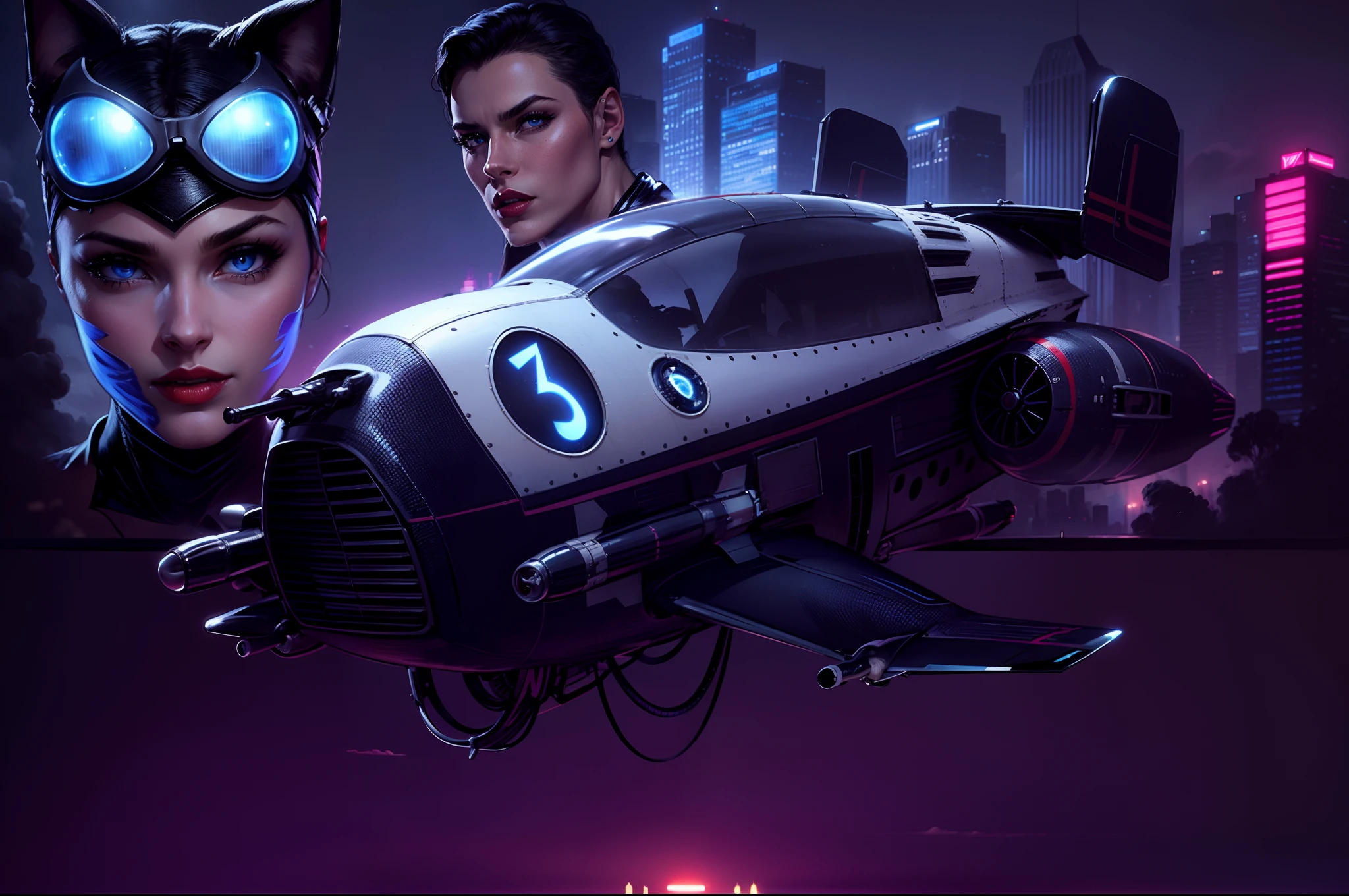 Uma pequena nave voadora em primeiro plano, Behind is the gorgeous catwoman with blue eyes and red lipstick, Further back, a handsome young male pilot and the background buildings of a futuristic city at dusk with neon lights
