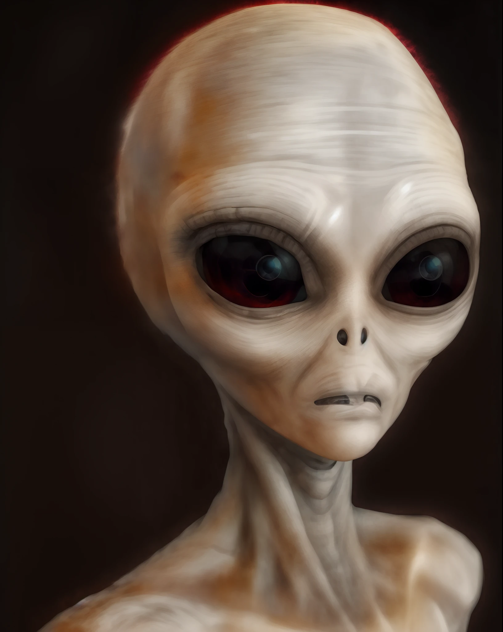 alien head with black eyes and a white body, alien looking, Grey alien, extraterrestial, realistic alien, extraterrestre, Reptilian space alien, Extraterrestres, Gray alien, Space alien, Alien features, ufo aliens, big alien eyes, extraterrestrials reach for him, alien head, Alien life, qualidade ultra hd 19k detalhes da pele e seus poros ultra realista , rosto bem detalhado detalhes dos olhos vividos , fleshy, red lips , ultra detalhado , seiso grandes e redondos , Sharp waist curve guitar style