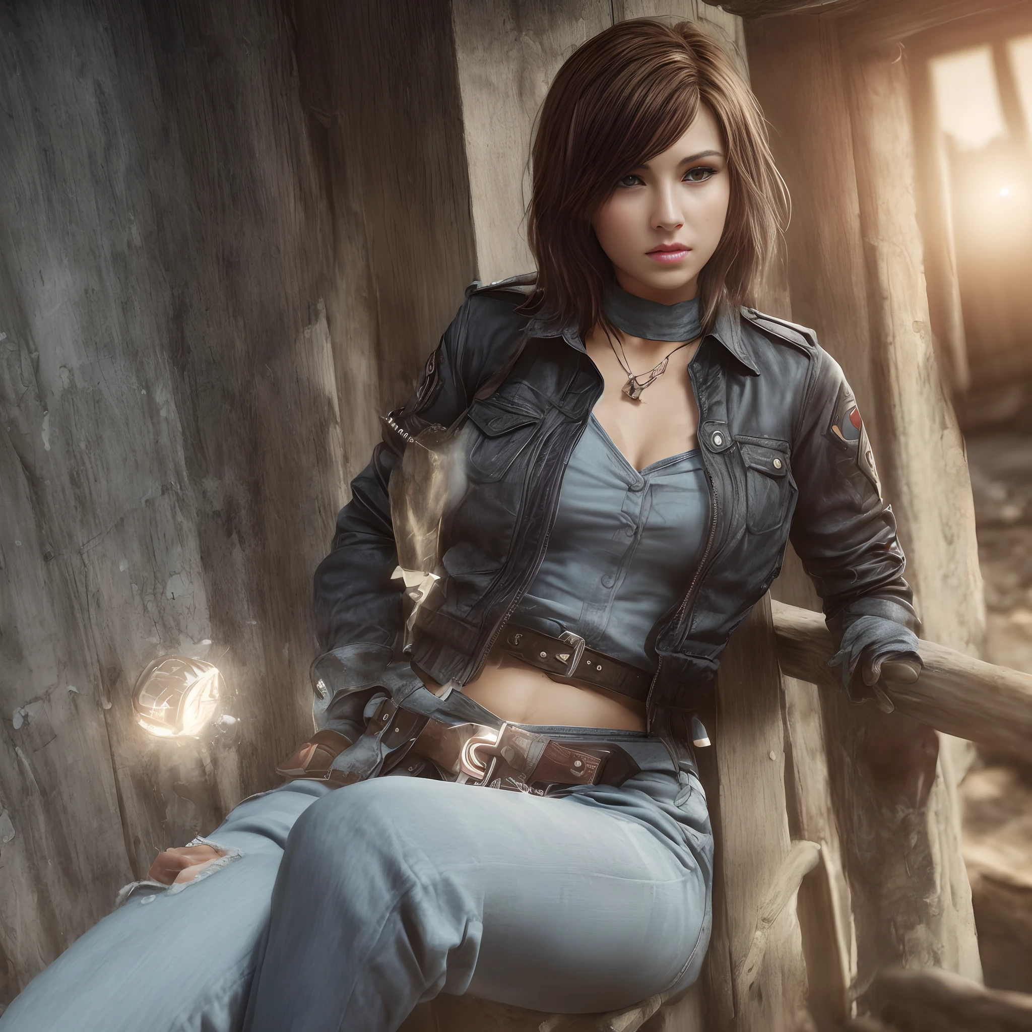 1women, mature female, solo, hips up, black hair, short hair, longsleeve blue shirt, belt, pants, police, cleavage, (downblouse), necklace, Jill Valentine \(Resident Evil Series\), (best quality, masterpiece, Professional:1.3), (realistic, photorealistic, RAWphoto:1.4), (official art, highly detailed, extremely delicate and beautiful, HDR, UHD, 64K), soft light, rim light, dramatic lighting, Vivid Colors, Bokeh