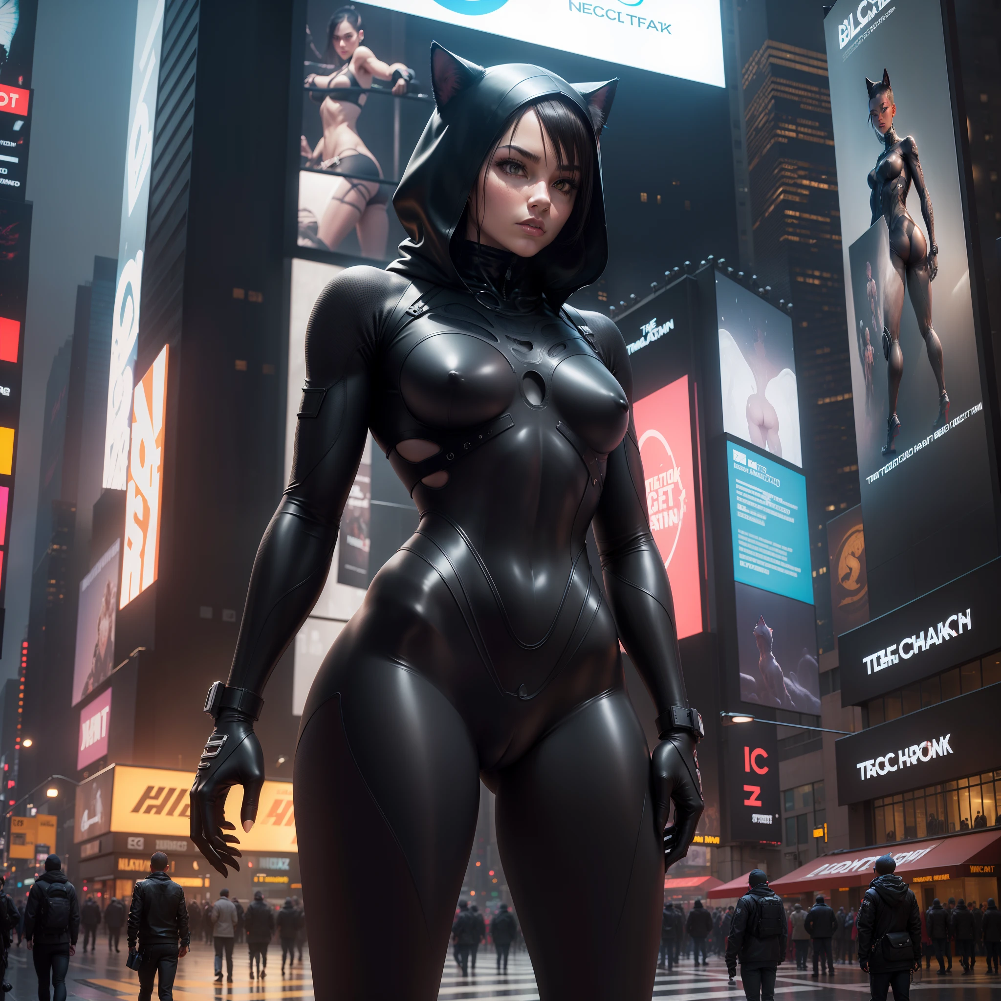 The Black cat, human Body, human anatomy, Highly Detailed, using Techwear, Time Square on background