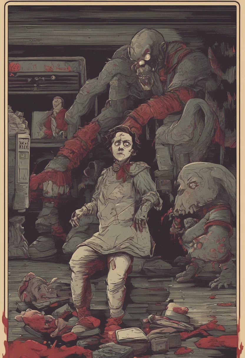Adult robot man as pennywise, efeito vhs, (poster: 1.6), poster on the wall, terror, horror movie poster, horror, assustador, detalhes escuros, hiperdetalhado, blood tracing, Subsurface dispersion, heavy lighting for the dark, raso profundidade de campo, jorrando sangue, noite, trevas, darkeness, assassino, risada, dentes longos, big hand, jogando dado, rpg, rpg de mesa, jogando dados na mesa, mesa com dados, livro, dados sendo jogados, D20, dado de 20 lados, jovens assustados no fundo, medo, jovens com medo, narrando jogo, narrando rpg, jogando dados de rpg, mestrando rpg, rpg de mesa, jovens com medo, jovens escutando com medo, pennywise rindo, dados de 6 lados, jovens com dados