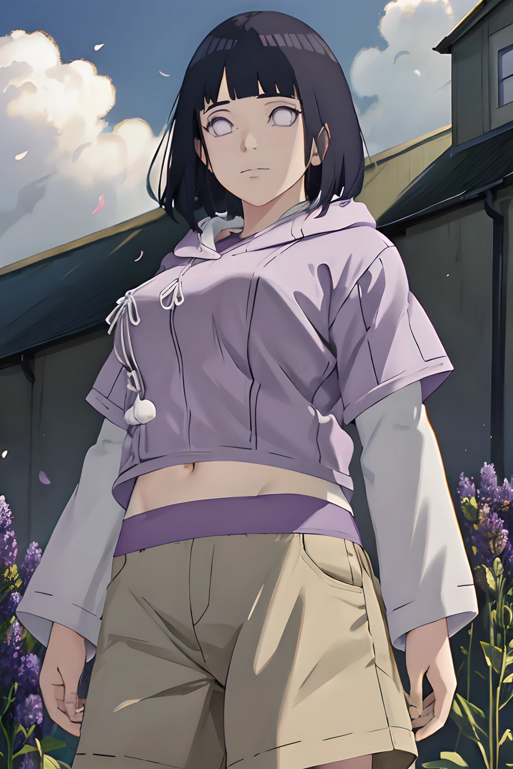 masterpiece, absurdres , (intricate details), (colorful),cinematic lighting,extremely detailed CG unity 8k wallpaper ,hinata\(boruto\), 1girl, solo, purple hoodie ,brown pants, from behind,layered sleeves, cowboy shot, (huge tits), looking at viewer, outdoors, lavender flower field,flower, day, cloudy sky, wind, floating hair, falling petals, ()