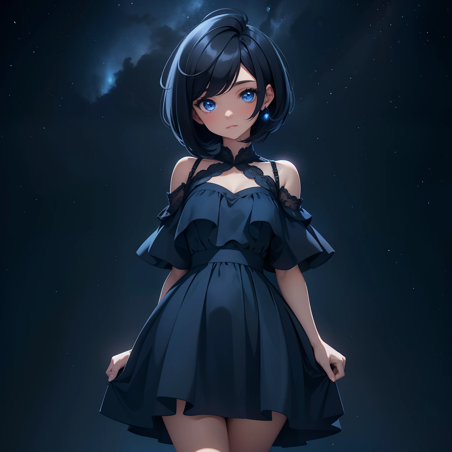 A girl, short black hair, majestic black dress, glowing blue dress, night sky background, full body
