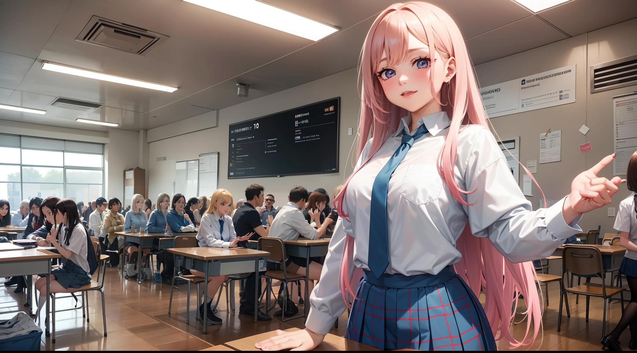 Grundlegendes Aussehen: Marin is a pretty, energetic schoolgirl with long, welligen, hellblauen Haaren und leuchtend blauen Augen 1 11 . Personality: Marin ist lebenslustig, begeistert, unordentlich und manchmal tollpatschig. She is a big otaku and especially loves Magical Girl anime 3 . Kleidung: Marin usually wears her school uniform, the one made of a white blouse, einem kurzen, dunkelblauen Rock, einer lockeren Krawatte und kniehohen Socken besteht 14 . She often leaves the top buttons of her blouse open and wears her tie loosely, um bequem zu sein 1 . Outside of school, She wears simple and comfortable clothes such as T-shirts, Jeans oder karierte Hemden und Shorts 1 . Cosplay: Da Marin eine begeisterte Cosplayerin ist, she changes her outfits frequently, um verschiedene Charaktere darzustellen 1 . You can include different cosplay costumes in your image composition, to reflect their passion for the hobby. Hintergrund: Since you want to create an anime background, you can use elements from the world of "Mein Dress-up-Liebling" oder allgemeine Anime-Themen verwenden. Zum Beispiel, They could create a school environment, Choose a cosplay workshop or convention scene as a background.
