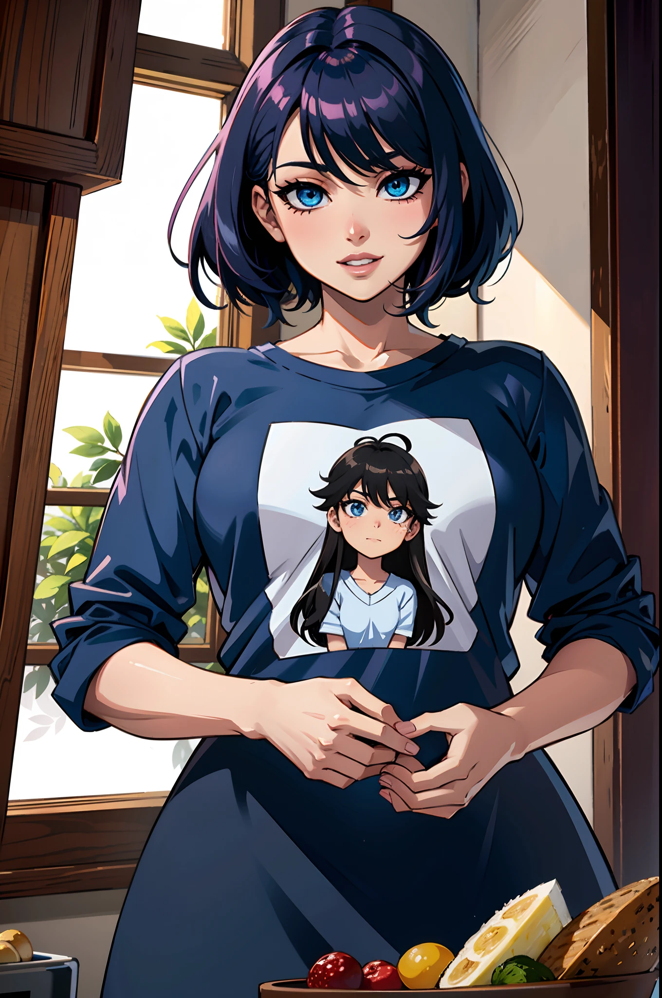 (Masterpiece),(Best quality:1.0), (ultra highres:1.0), detailed illustration, 8k, 1boy, anime boy, Chubby, graisse, blue t-shirt dressed, Souriant, Detailed face, visage parfait, anime eyes, detailled eyes, yeux bruns, eye glare, detailed hair, cheveux noirs courts, Reflets capillaires, Very detailed, Style anime, subdued light