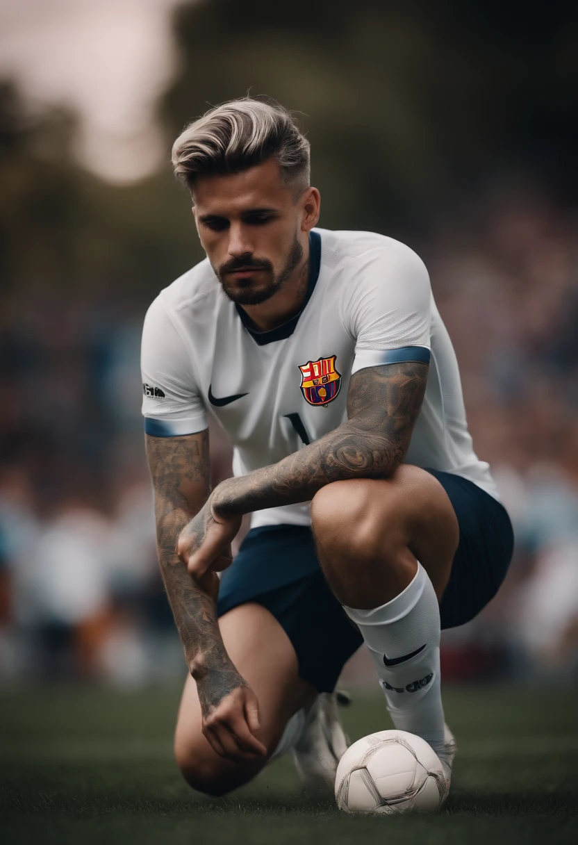 Homem branco soccer player in Barcelona, cabelo platinado, com tatuagens
