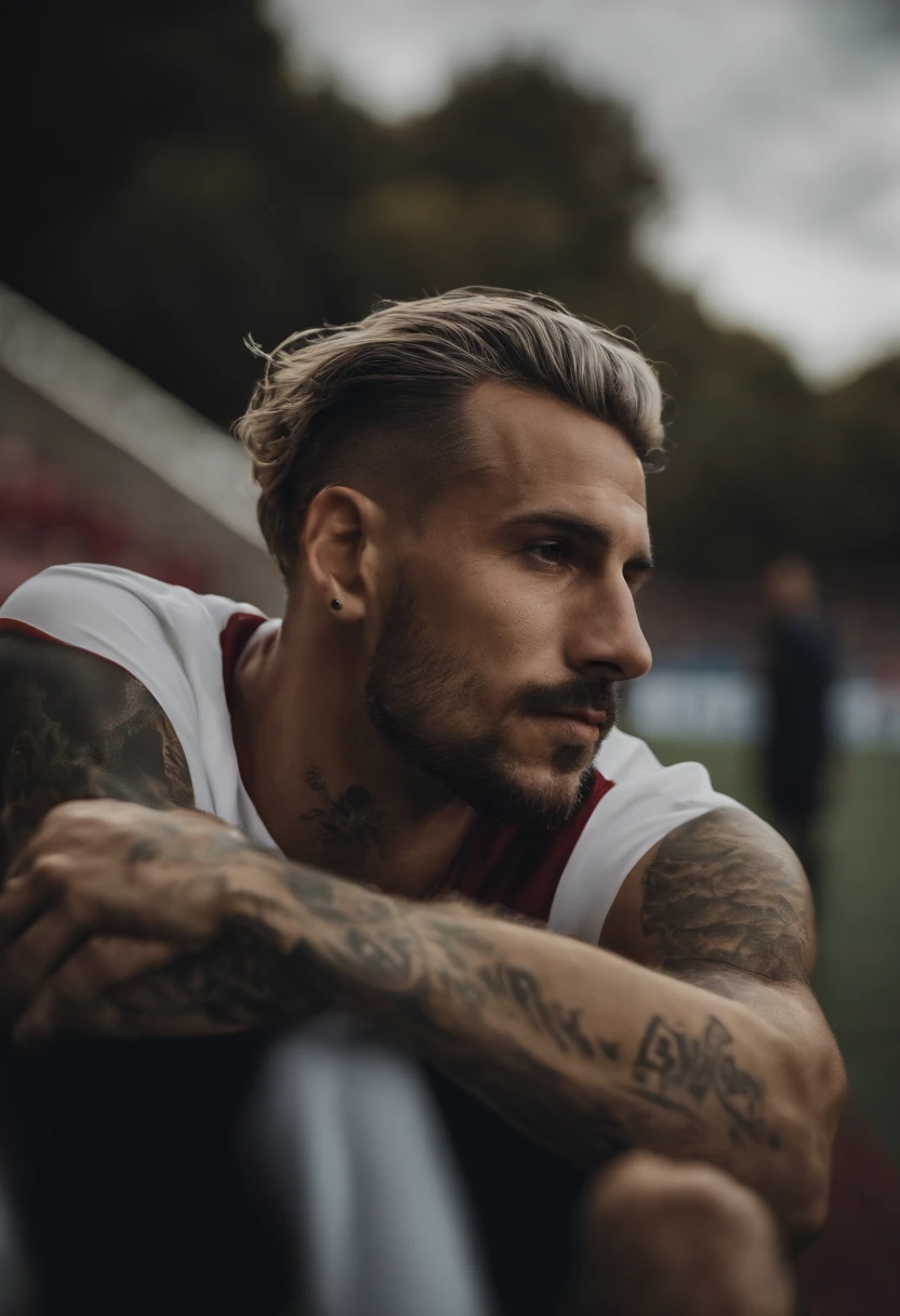 Homem branco soccer player in Barcelona, cabelo platinado, com tatuagens