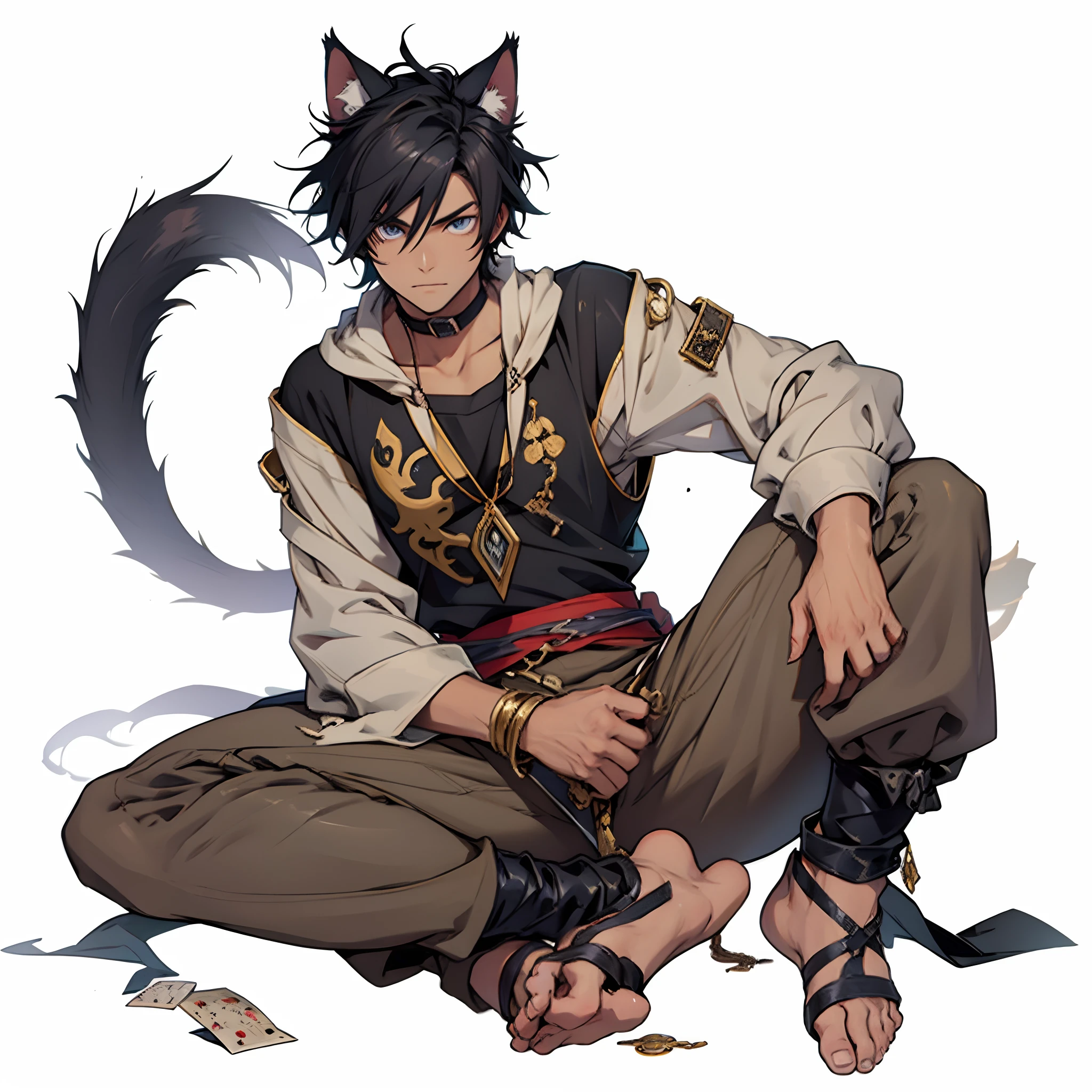 A catboy, young man, lazy expression, lazy eyes, lean, thin, anime boy, relaxed, tanned skin, black clothes, fantasy historian,  messy dark black hair, slanted eyes, poker face, messy, worn looking clothes, old clothes, begger, with a long cat tail, fantasy market background, dnd, JRPG, historian, scrolls, dungeon